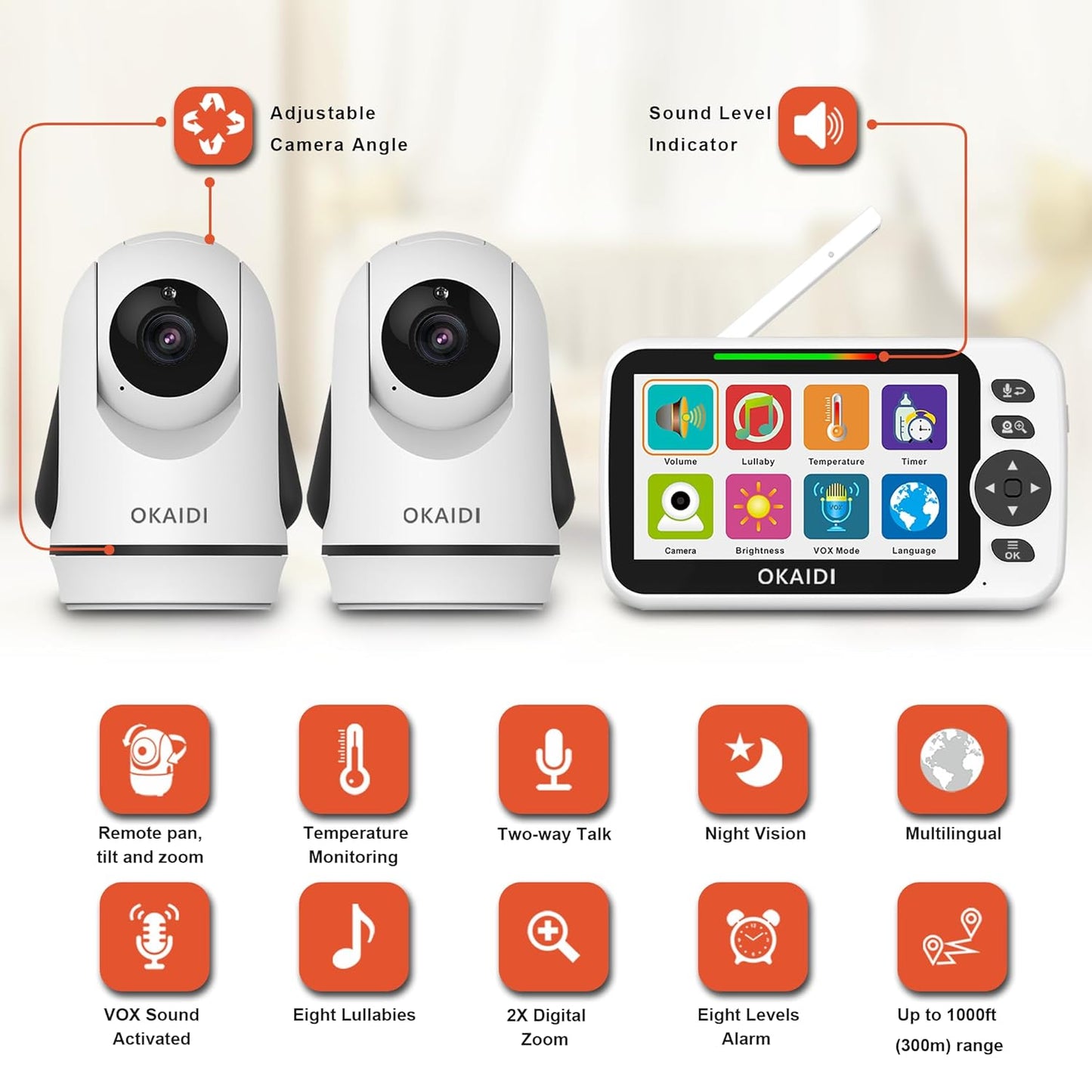 OKAIDI Video Baby Monitor with 2 Cameras, 5" Display Baby Monitor No WiFi, 30H Battery and 1000ft Range, Remote Pan-Tilt-Zoom Baby Camera, 2-Way Talk, 8 Lullabies, for Baby Pet Elderly