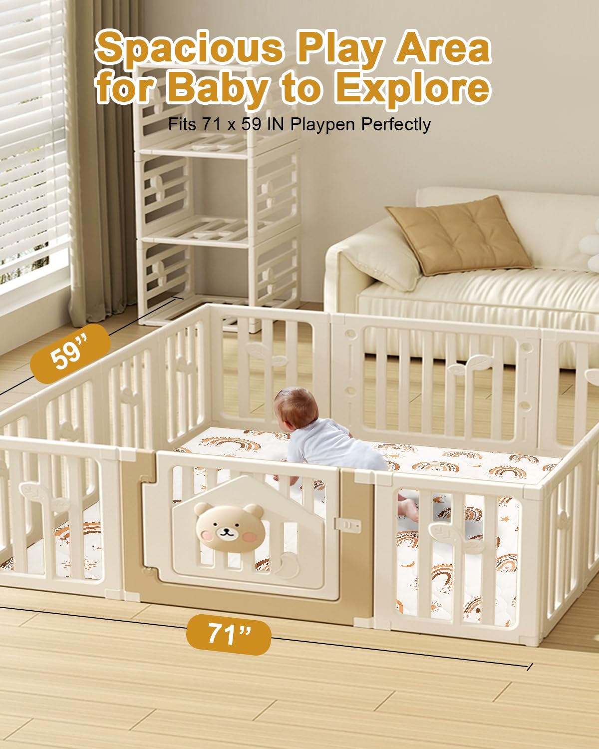 Premium Foam Baby Play Mat 71" x 59" with Removable Cover, Extra Thick Padding Playpen Mat, Non-Slip Floor Mat, Stylish & Easy to Clean for Crawling Baby, Infants & Toddlers, Rainbow