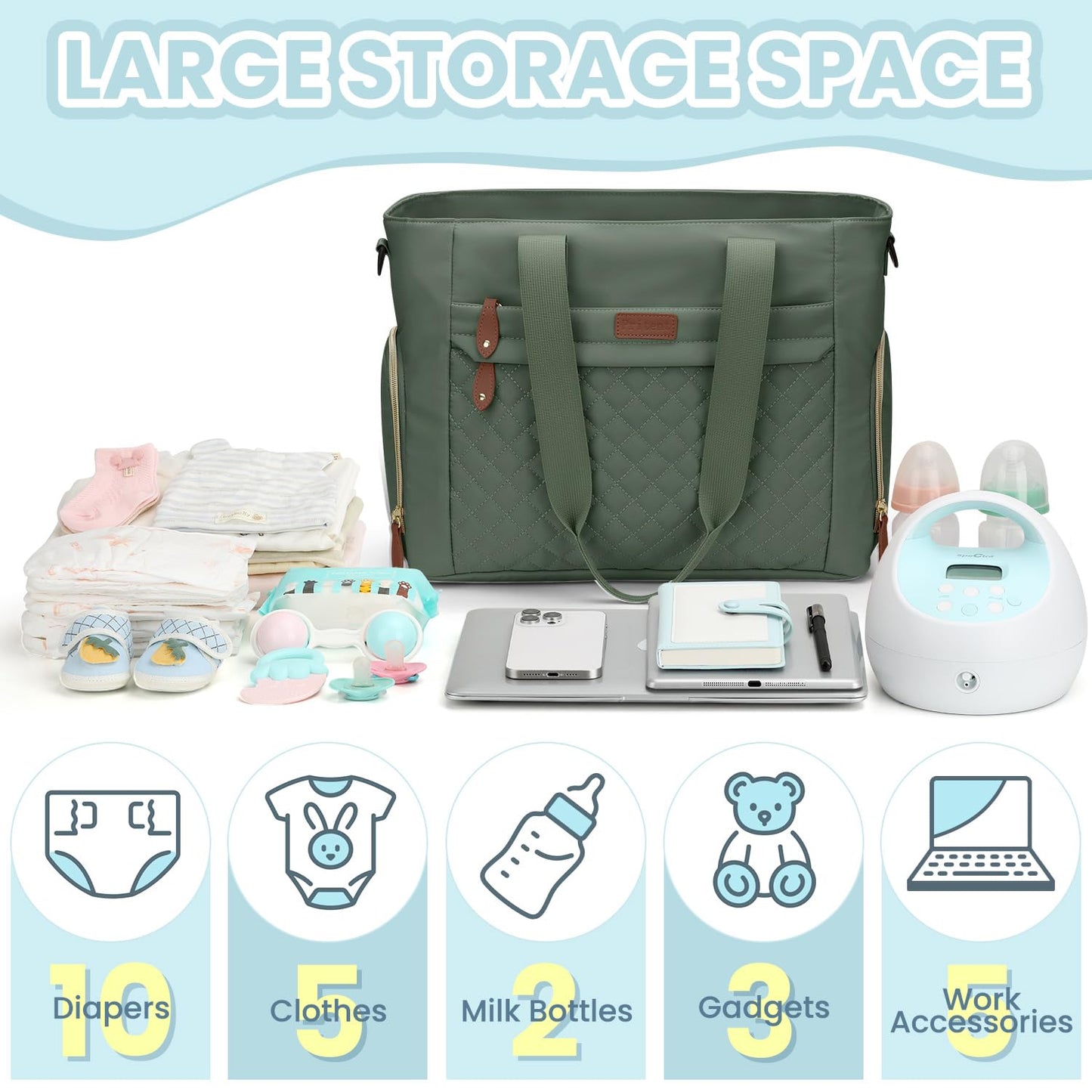 Diaper Bag Tote for Working Mom, Large Travel Diaper Tote for Mom and Dad with 14 Inch Laptop Sleeve, Mommy Maternity Travel Baby Bag for Boys and Girls, Green