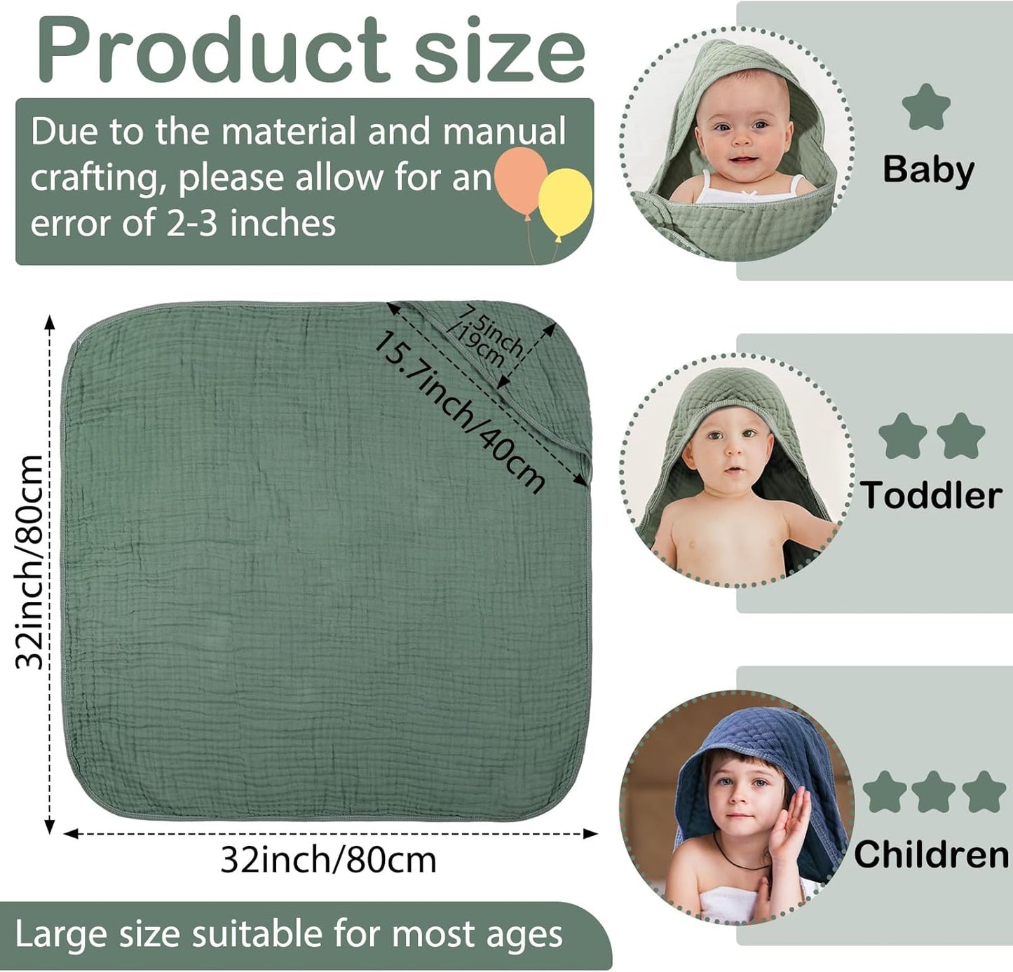 VitalCozy 6 Pcs Baby Muslin Hooded Bath Towels and Washcloths, 32 x 32 Inch Cotton Absorbent Blankets for Newborn Infant Shower Gift (Green, Blue)