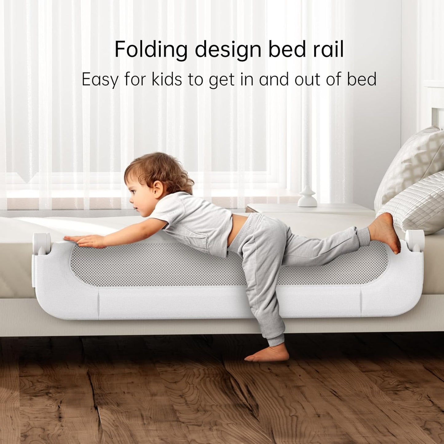 Folding Bed Rail for Toddlers,Baby Bed Rail Guard with Reinforced Anchor Safety System,Fit Bunk,Full Size,Queen,King,Twin(White,71"x23.6")