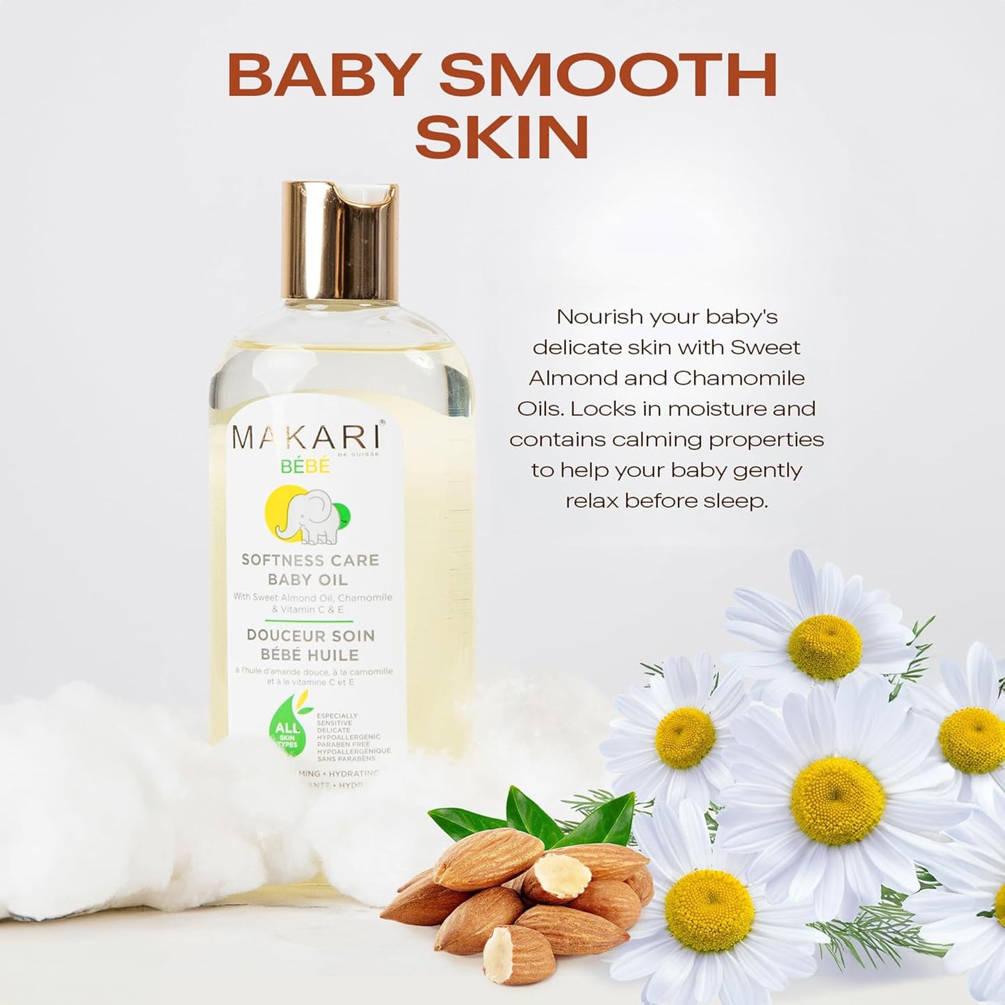 Makari Softness Care Baby Oil with Sweet Almond, Chamomile & Vitamins C & E, Hypoallergenic & Paraben-Free, Ideal for All Skin Types, Formulated for Sensitive and Delicate Newborn Skin