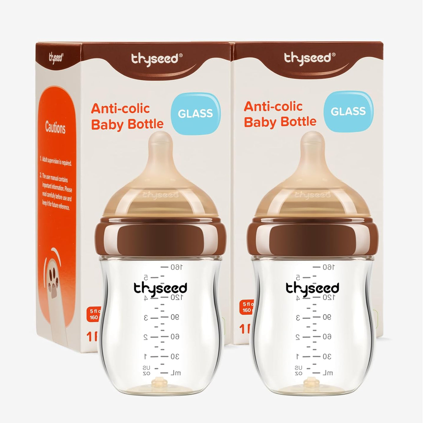 Thyseed Glass Natural Anti-Colic Baby Bottles | Newborn Breast Like Nursing Bottle for Breastfed Babies with Nipple(0-1 Months), 5oz, 2 Pack