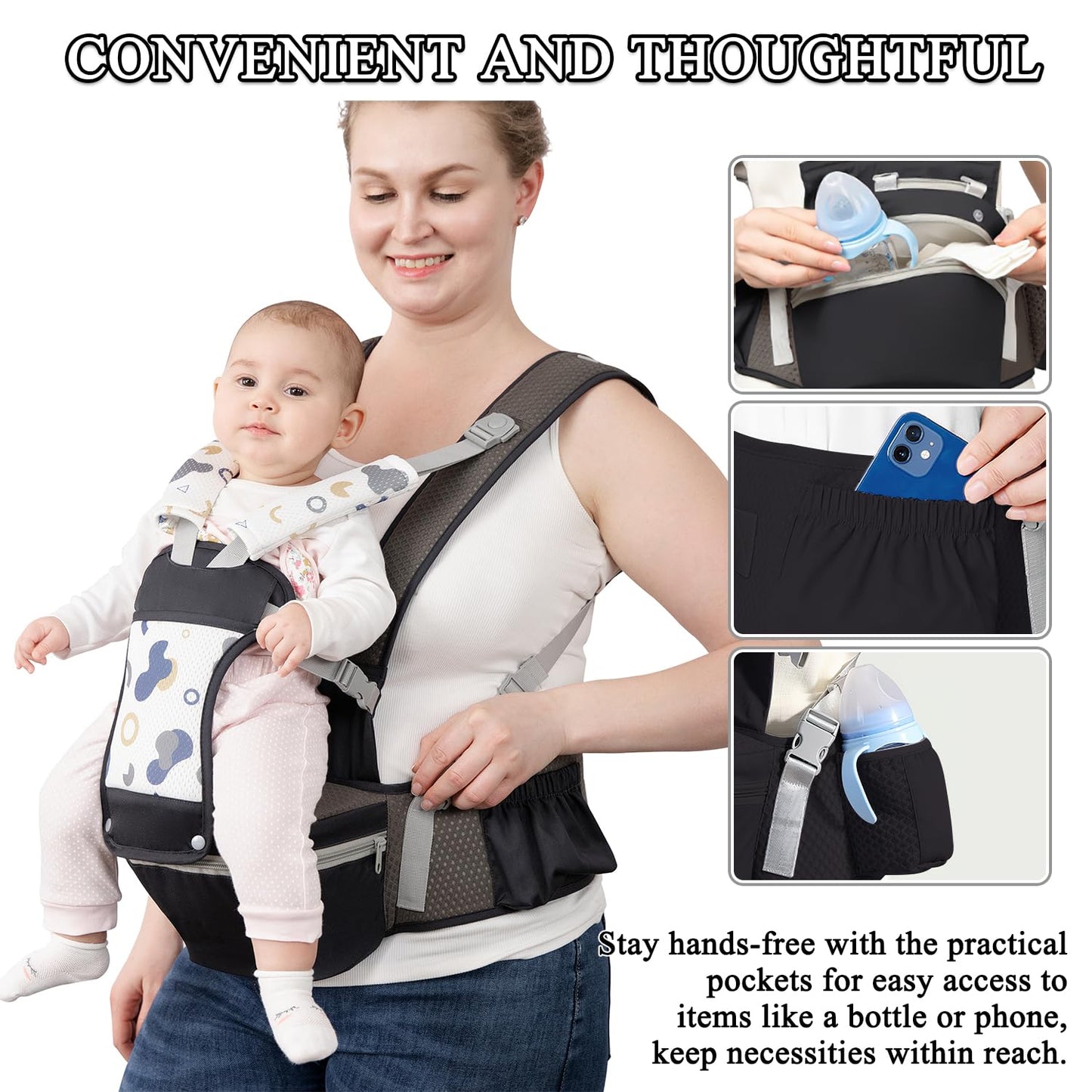 Baby Carrier with Hip Seat for Newborn to Toddler, 6-in-1 Ergonomic Infant Carrier for 0-36 Month Baby, All Positions Soft Breathable Mesh Wrap Carrier with Waist Stool, Baby Holder-Grey Print