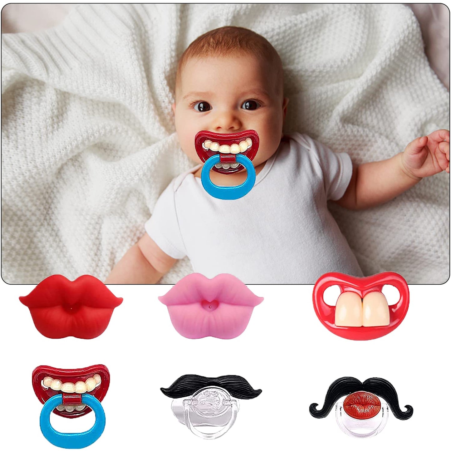6PCs Funny Pacifier Infant Pacifier Cute Kissable Lips and Gentleman Mustache Teeth Pacifier Soft Silicone Cute Pacifier Design with Kiss Lip for Babies and Toddlers Shower Gift Unisex-BPA Free