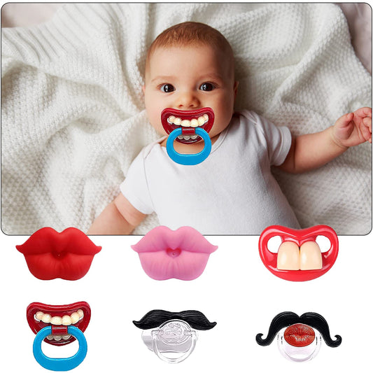 6PCs Funny Pacifier Infant Pacifier Cute Kissable Lips and Gentleman Mustache Teeth Pacifier Soft Silicone Cute Pacifier Design with Kiss Lip for Babies and Toddlers Shower Gift Unisex-BPA Free