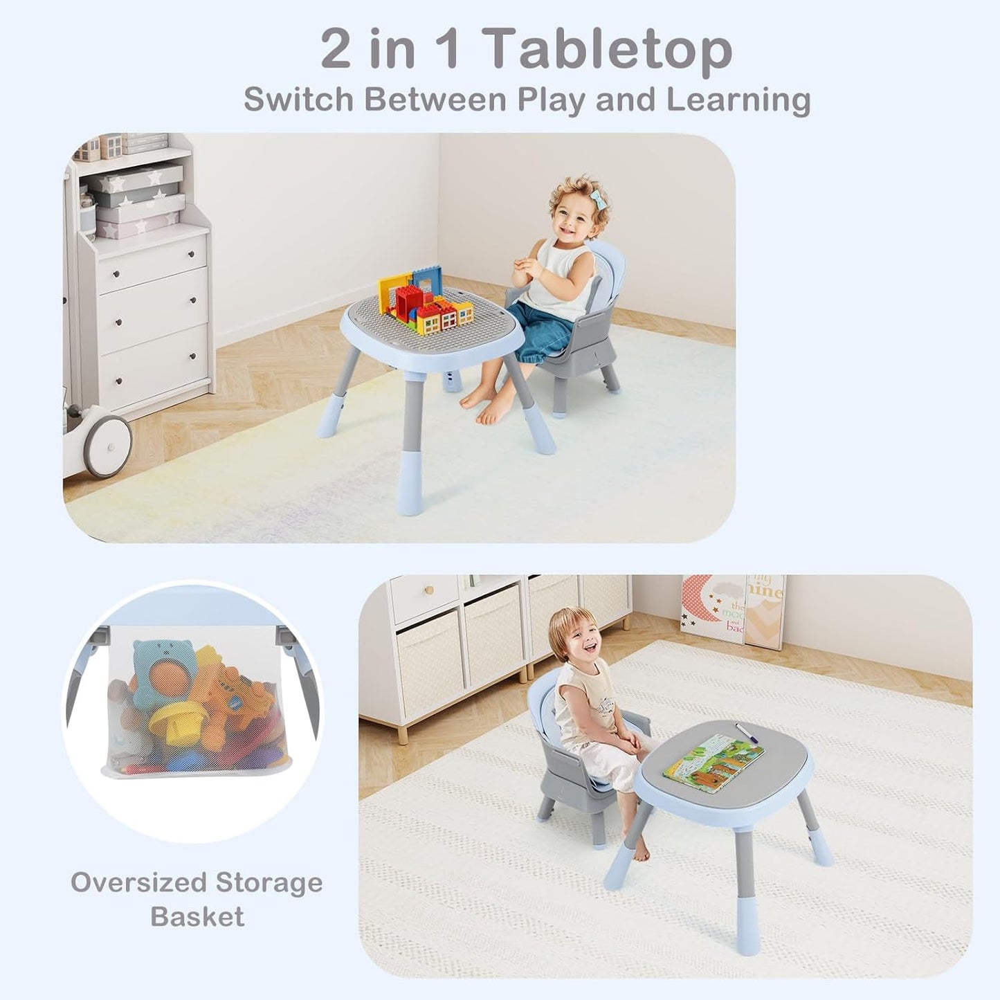 INFANS 9 in 1 High Chair, Convertible Baby Highchair for Babies and Toddlers, Table and Chair Set Building Block Infant Dining Booster Seat, Kids Stool with Activity Children Play Kitchen (Blue)