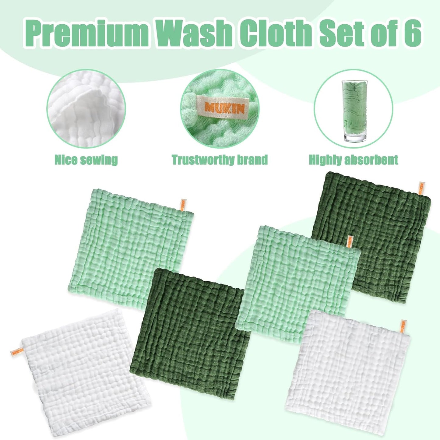 MUKIN Baby Washcloths - Soft Face Cloths for Newborn, Absorbent Bath Face Towels, Baby Wipes, Burp Cloths or Face Towels, Baby Registry as Shower. Pack of 6-12x12 inches (Green)