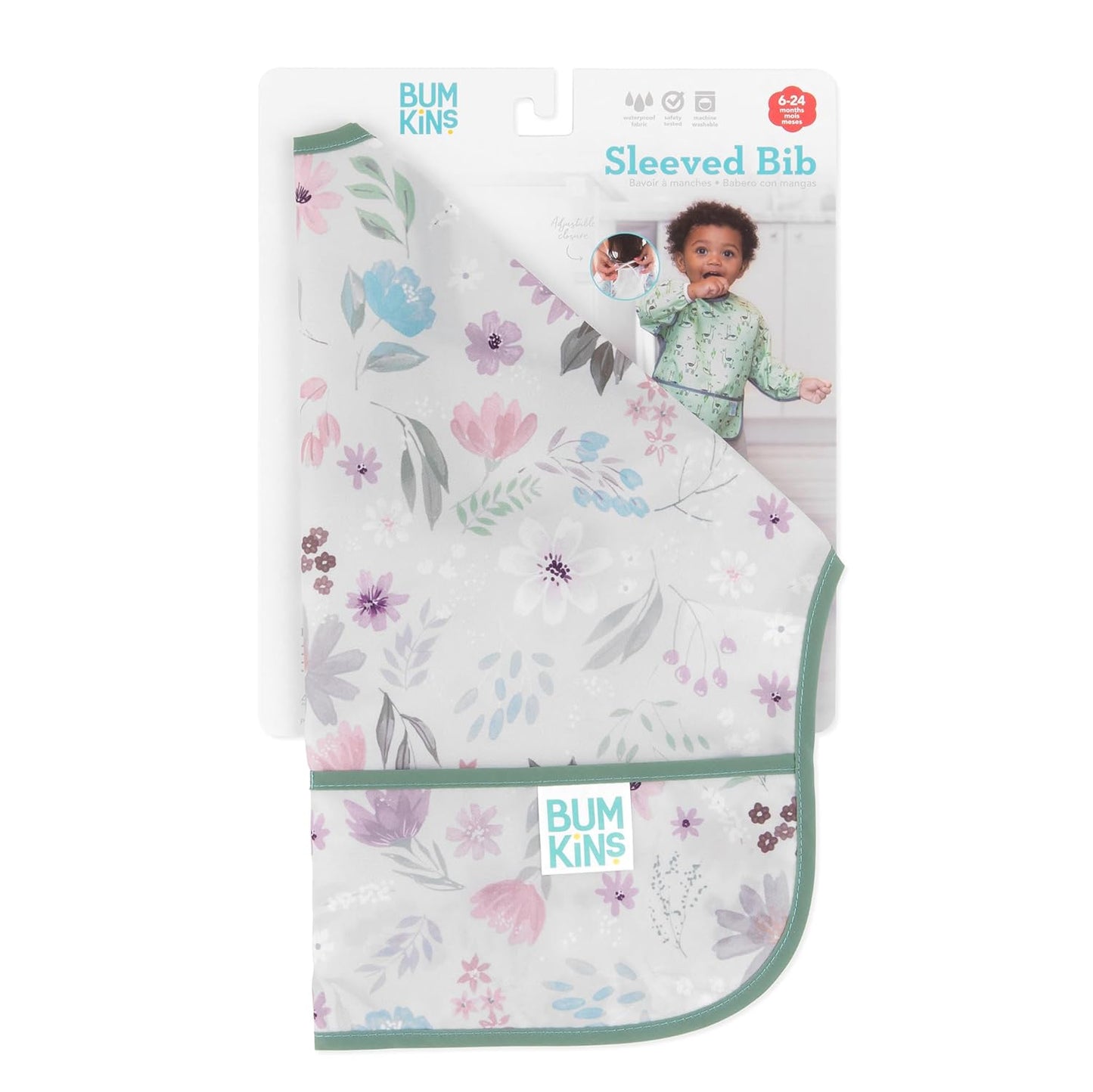 Bumkins Sleeved Bib for Girl or Boy, Baby and Toddler for 6-24 Mos, Essential Must Have for Eating, Feeding, Baby Led Weaning Supplies, Long Sleeve Mess Saving Food Catcher, Soft Fabric, Floral Gray
