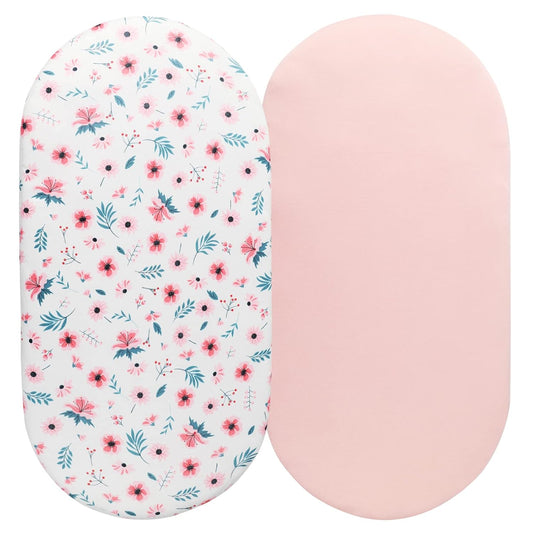 Bassinet Sheet Set 2 Pack Snug Fitted Cradle Fitted Sheets, Stretchy Ultra Soft, for Oval Rectangle Hourglass Bassinet Mattress, Unisex Boy Girl, Floral & Pink