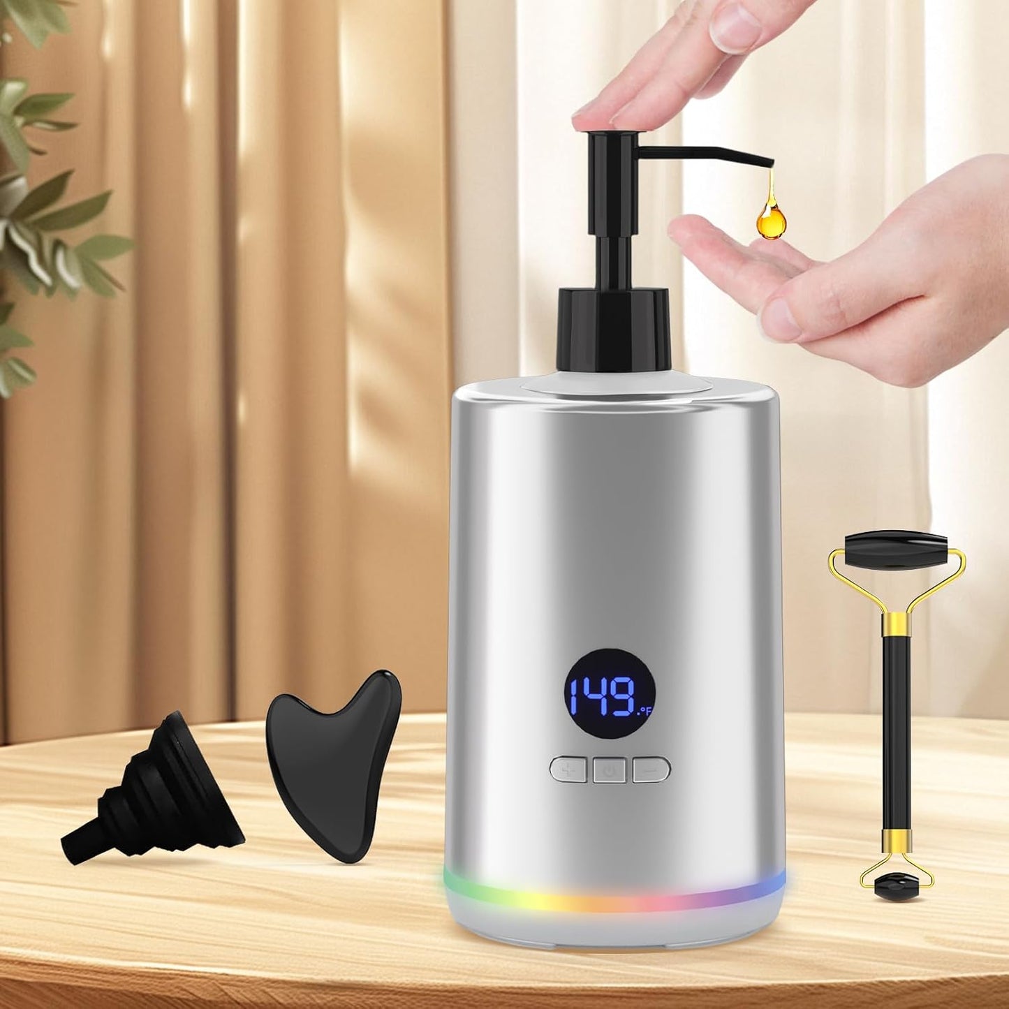 Massage Oil Lotion Warmer, Massage Oil Heater for SPA Massage Therapy and Personal Use, Portable Body Oil Warmer Dispenser with Two Massage Bottles, Adjustable Temperature(86-149°F), Silver