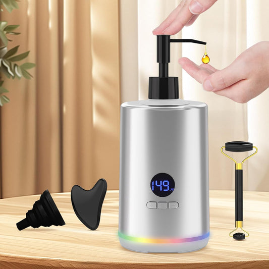 Massage Oil Lotion Warmer, Massage Oil Heater for SPA Massage Therapy and Personal Use, Portable Body Oil Warmer Dispenser with Two Massage Bottles, Adjustable Temperature(86-149°F), Silver