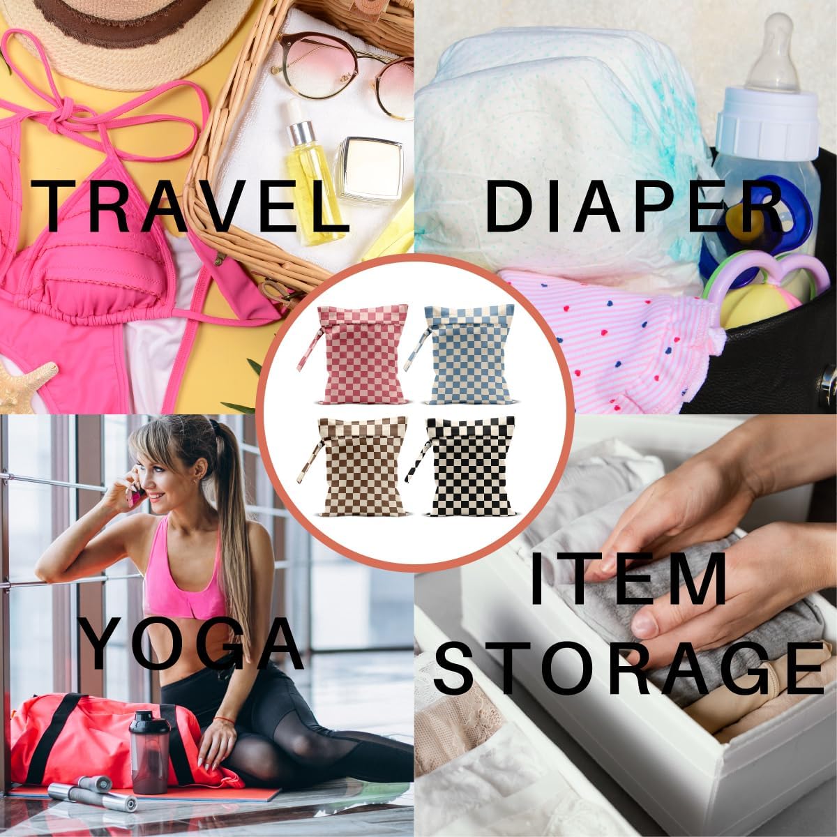 4 Pack Cute Wet Bag Waterproof Washable Reusable Wet Dry Bag for Swimsuit Dirty Clothes Cloth Diaper Travel Pool Yoga Gym Party Camping Toiletries Travel Beach Essentials, Colorful Checkered