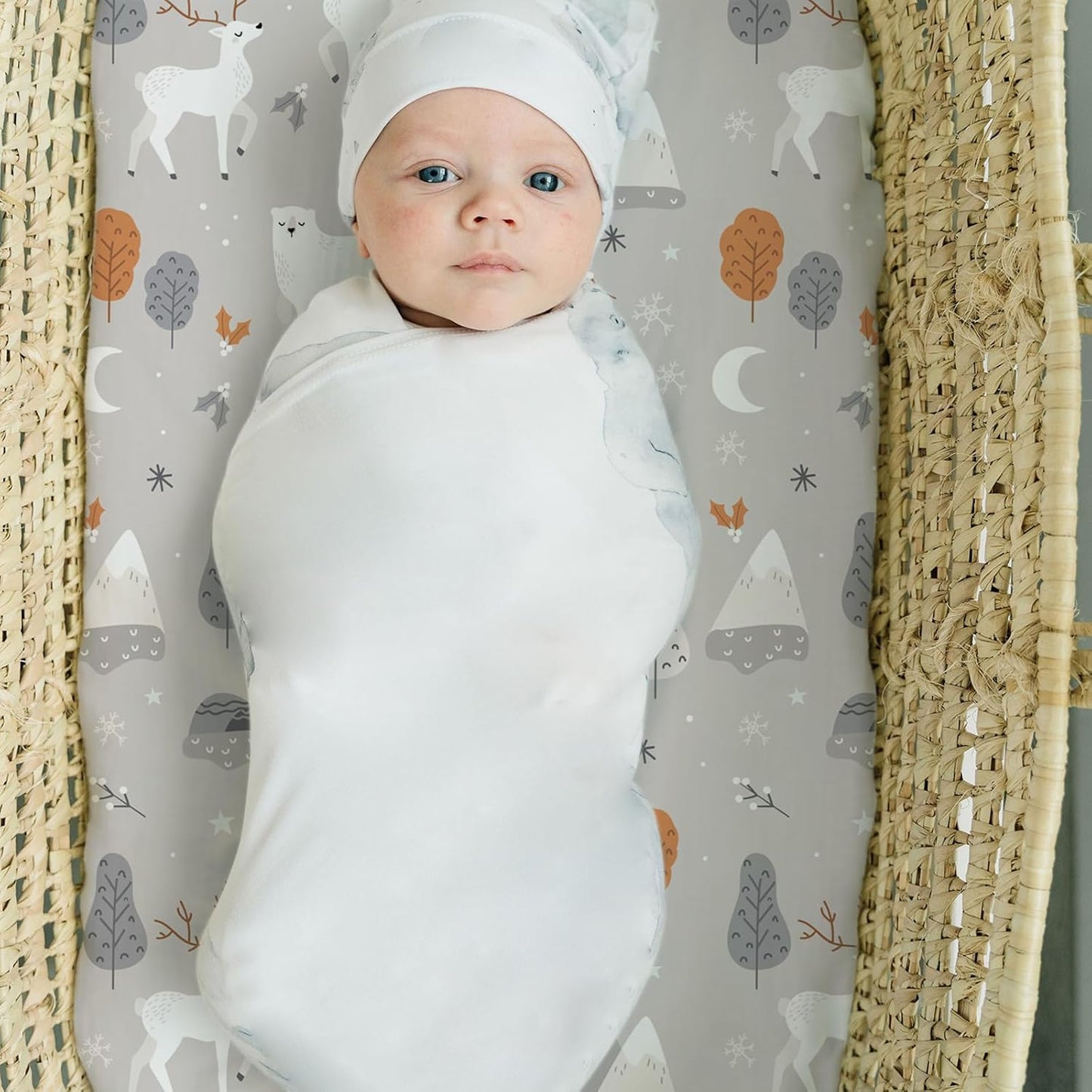 Stretch Fitted Bassinet Sheet Set BROLEX 2 Pack Cradle Sheets for Bassinet Pad/Mattress,Unisex Boys Girls,Ultra Soft,Snowy Forest