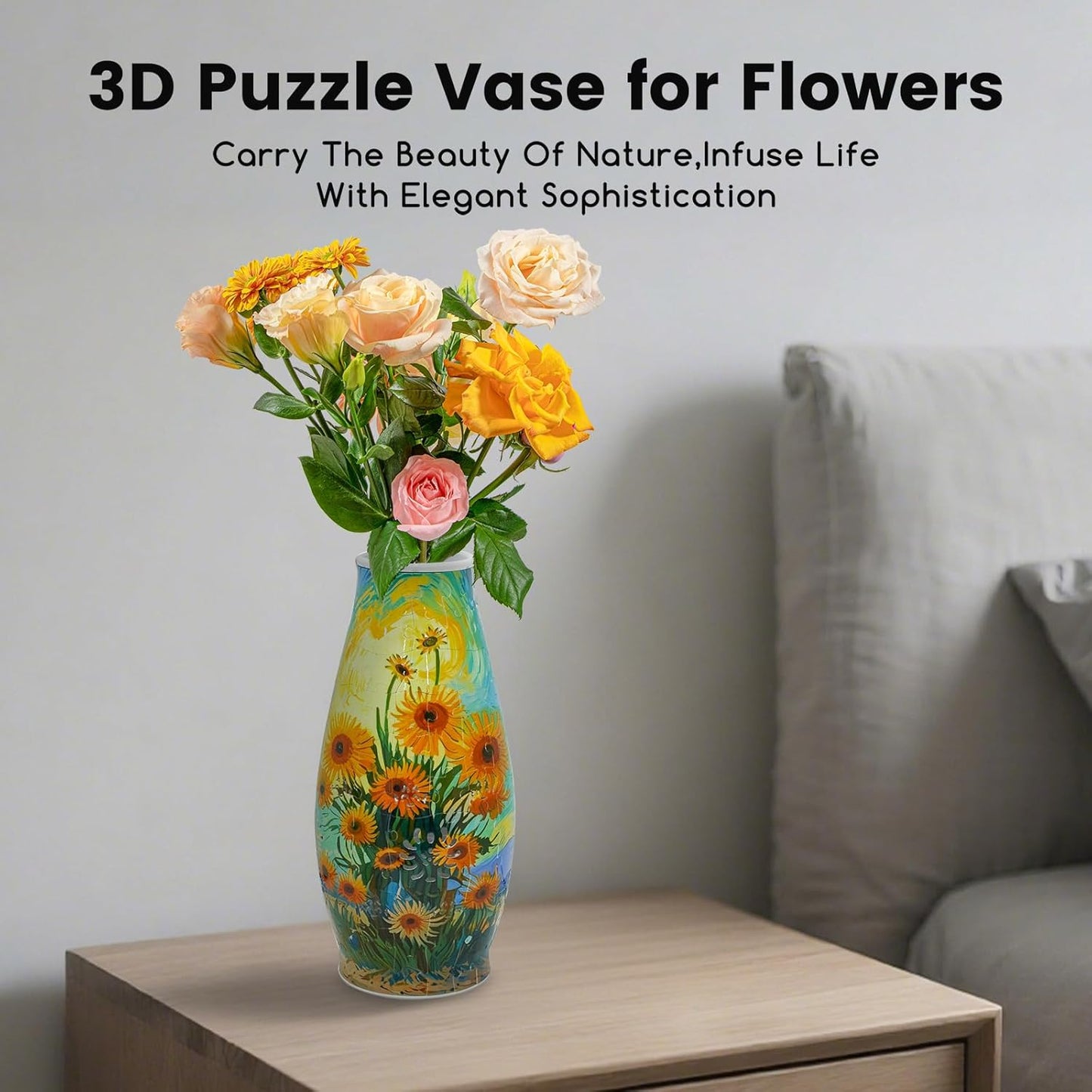 3D Puzzle Vase for Adults, 3D Puzzle Vases for Flowers, 152 Pcs 3D Puzzles Art Vase for Kids Ages 8-13, Cute Unique Flower Vases Decoration with Night Light, Crafts for Adults(Sunflower)