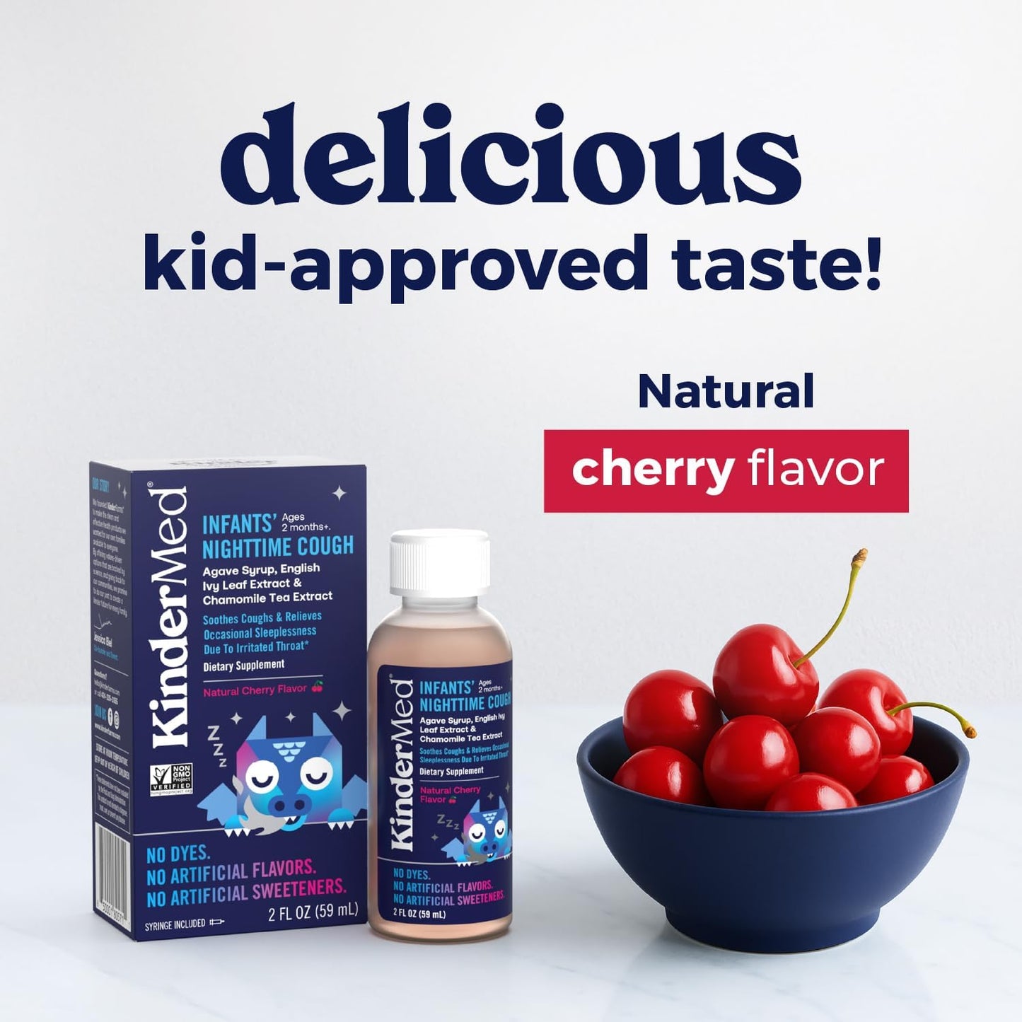 KinderMed Infants' Nighttime Cough, Organic Agave Syrup, Chamomile Tea Extract, No Dyes, No Artificial Flavors or Sweeteners, 2 Months+, Natural Cherry Flavor, 2 fl. oz (Pack of 2)