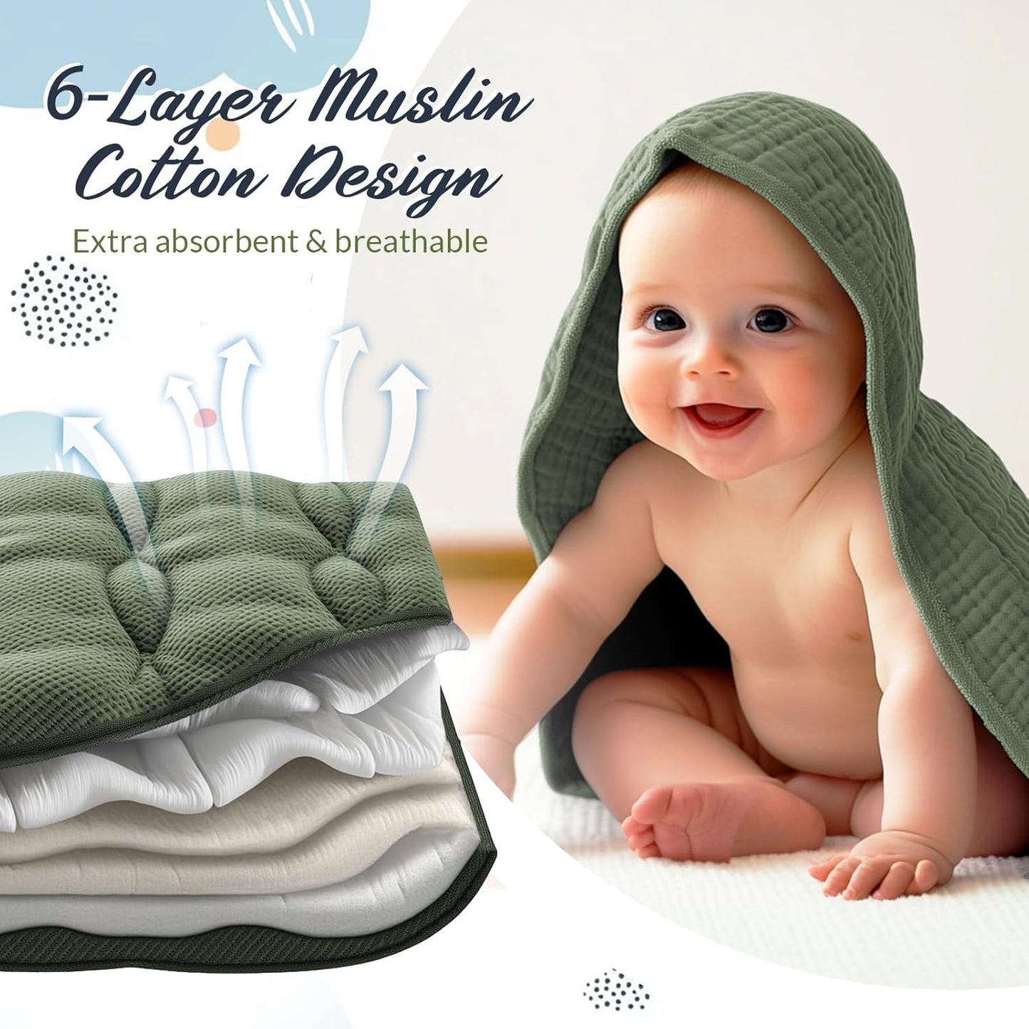 6 Pcs Muslin Hooded Bath Towels Washcloths and Bibs Set, Muslin Cotton Baby Towels Absorbent Hooded Blanket Towel Infant Bibs for Boys Girls Newborn Infant Essentials(Blue, Green)