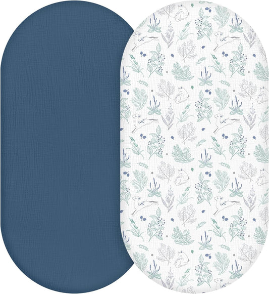 Muslin Bassinet Fitted Sheets, 2 Pack for Baby Boy and Girl, Soft Breathable Baby Pad/Mattress Sheet, Fit for Hourglass Oval and Rectangle Bassinet Mattress (Blue Deer)