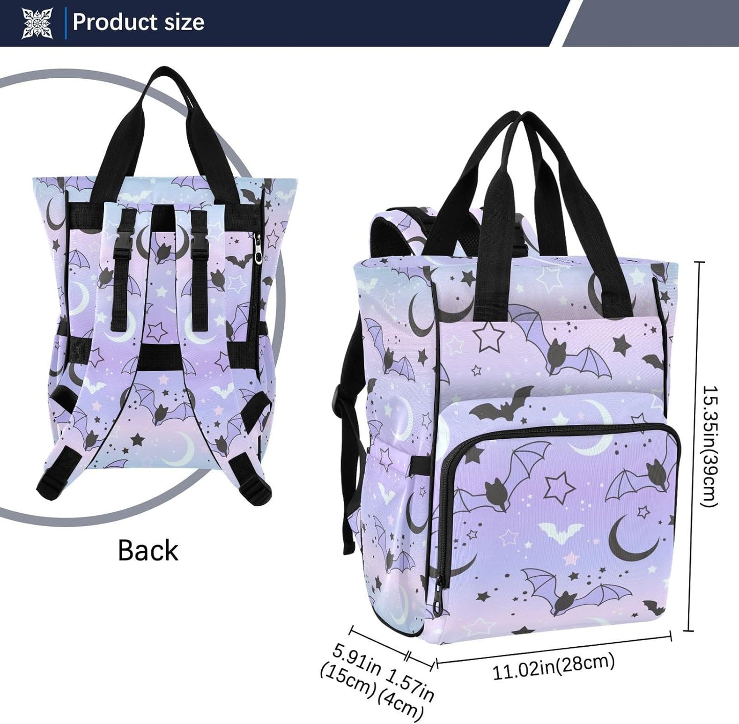 Diaper Bag Backpack Cute Bats Starry Sky Travel Diaper Bags for Women, 10L Functional Baby Changing Bag with Insulted Pockets, Stroller Straps