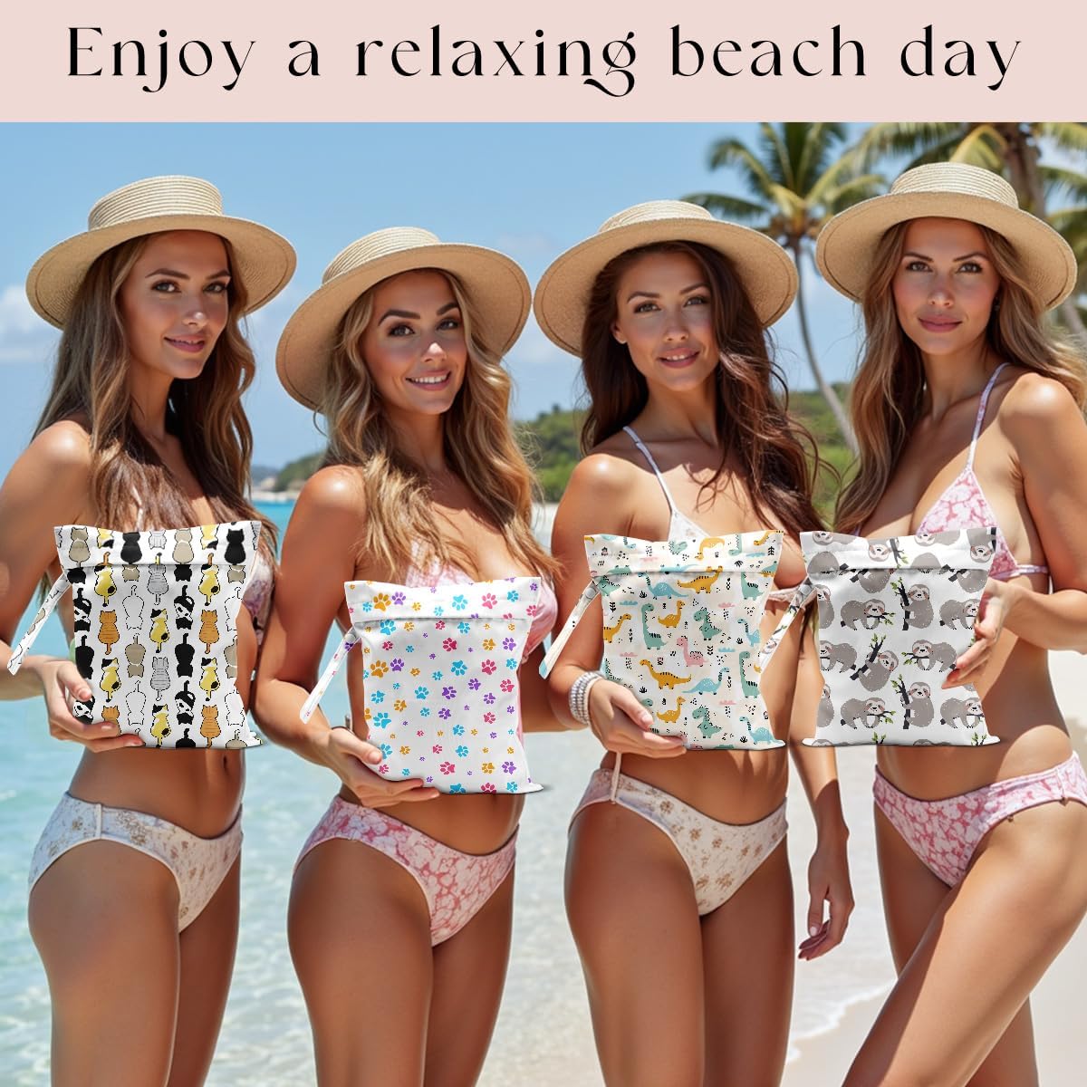 4 Pack Wet Bag for Swimsuit, Beach Travel Essentials Wet Dry Bag, for Sunscreen Toiletry Dirty Clothes Yoga Gym Diaper, Friend Summer Beach Vacation Gifts. Dinosaurs, sloths, dogs