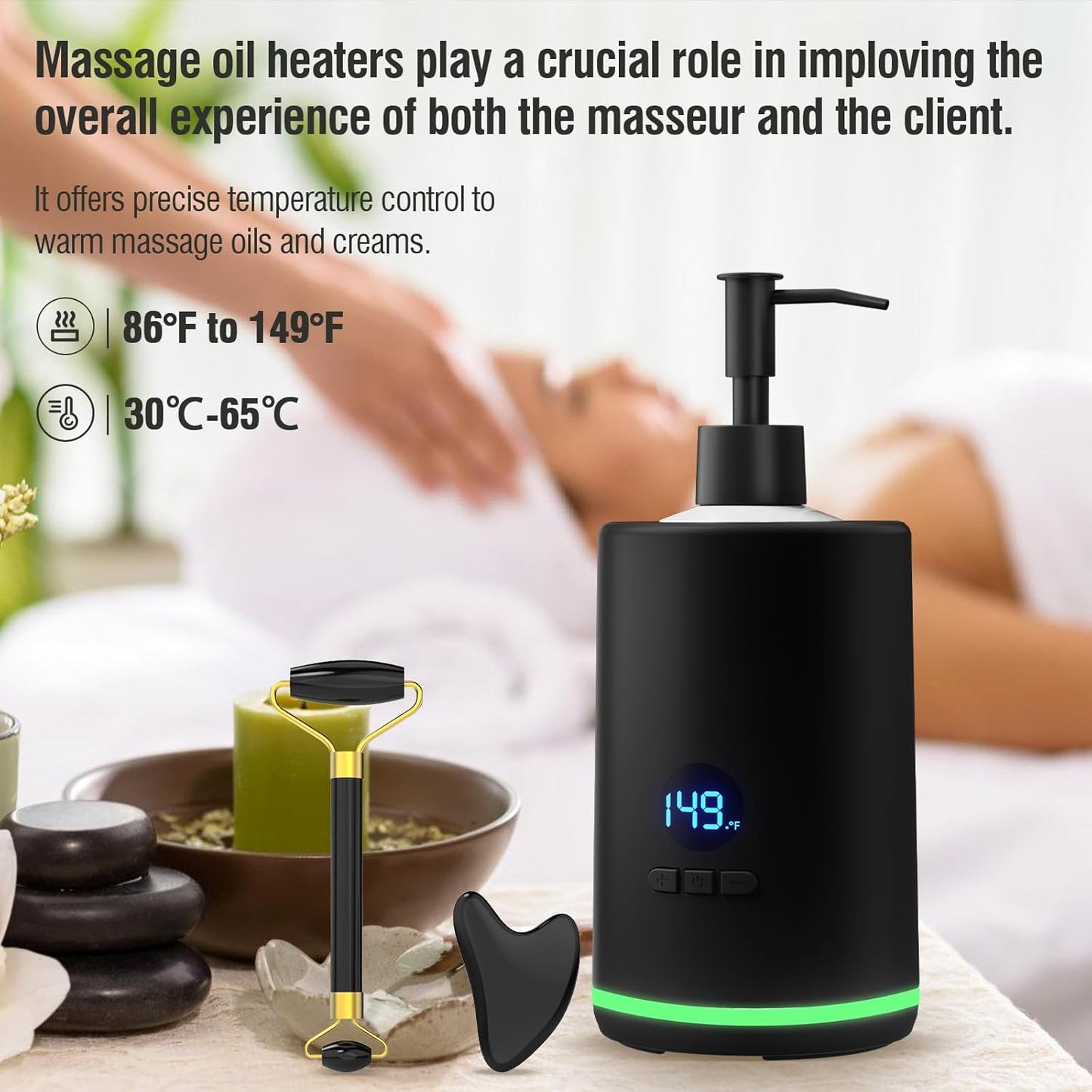 Massage Oil Lotion Warmer, Massage Oil Heater for SPA Massage Therapy and Personal Use, Portable Body Oil Warmer Dispenser with Two Massage Bottles, Adjustable Temperature(86-149°F), Black