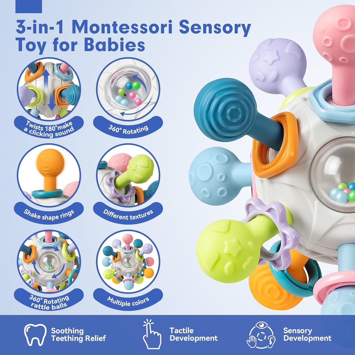 SpringFlower 3 in 1 Montessori Toys for Babies 0-3-6-12 Months, Rattle Teether & Baby Blocks & Soft Stacking Rings, Sensory Developmental Education Toys,Gift for Toddler Baby 0-3-6-12-18 Months