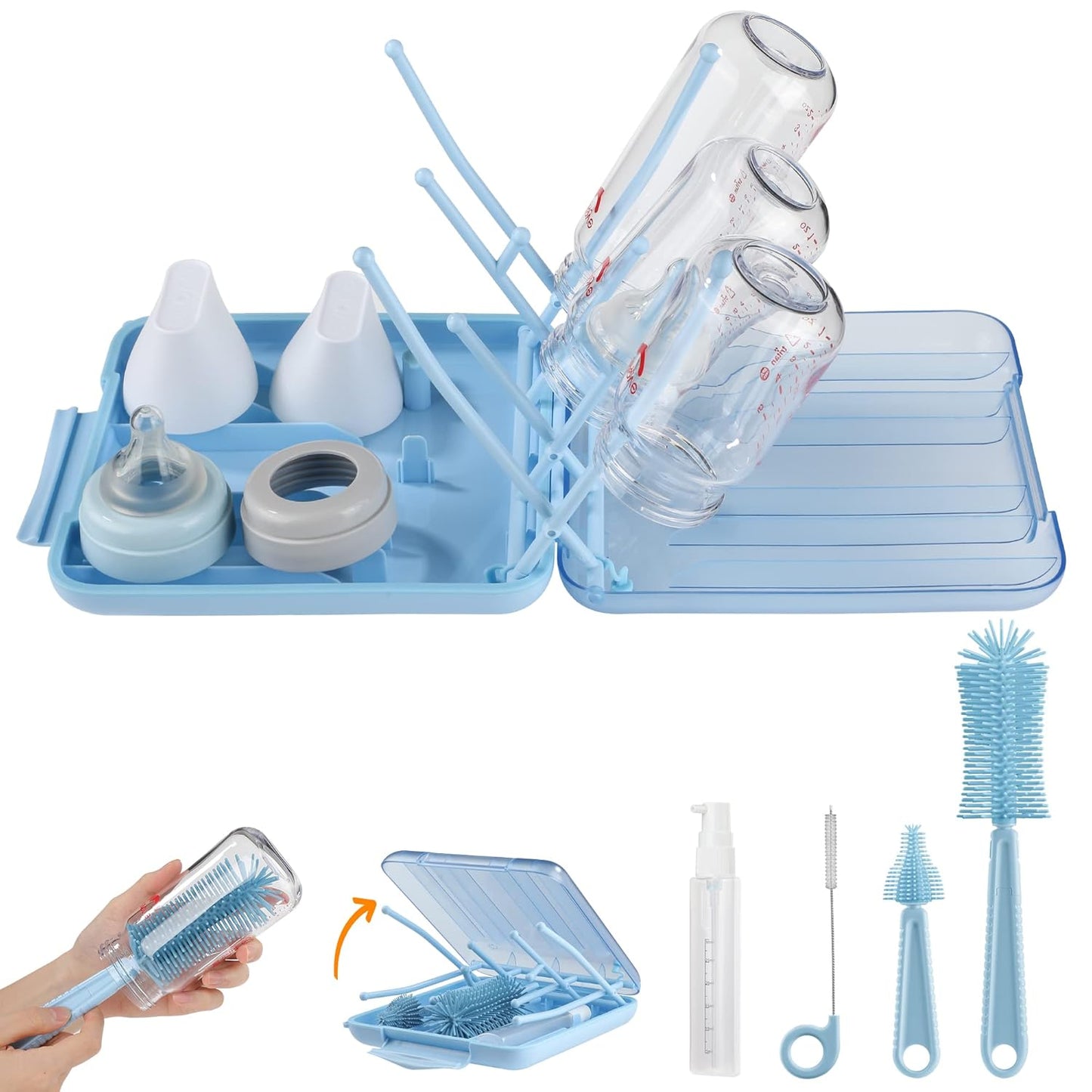 Bottle Brush Set -Baby Travel Essential-6 in 1 Bottle Cleaner Kit with Silicone Bottle Brush,Nipple Cleaner Brush,Straw Brush,Soap Dispenser,Storage Box,Bottle Drying Rack for Home and Travel(Blue)