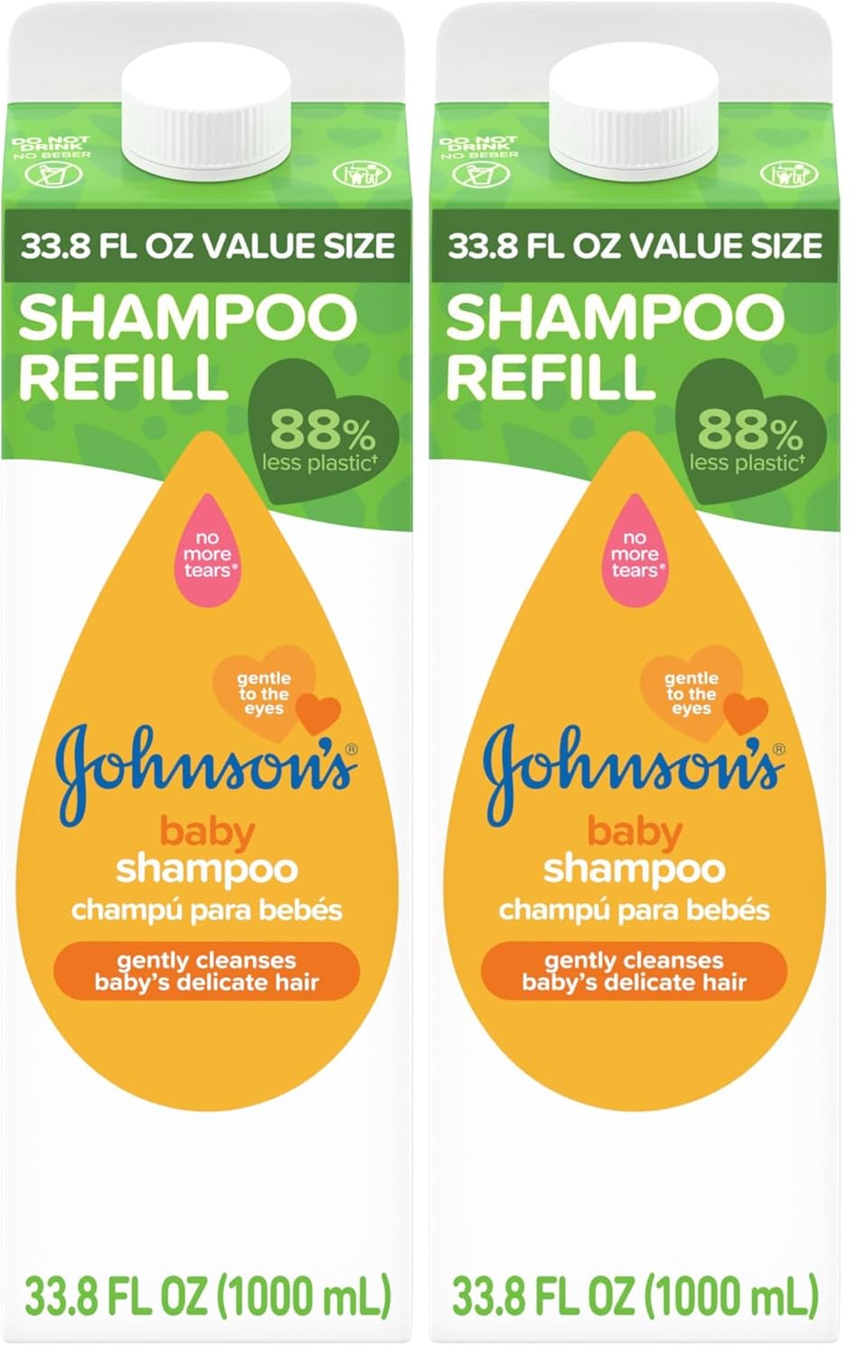 Johnson's Baby Shampoo, Hypoallergenic, Tear-Free for Baby's Delicate Scalp & Skin, Gently Washes Away Dirt & Germs, Paraben-Free, Value Size Refill, 33.8 fl. oz (Pack of 2)