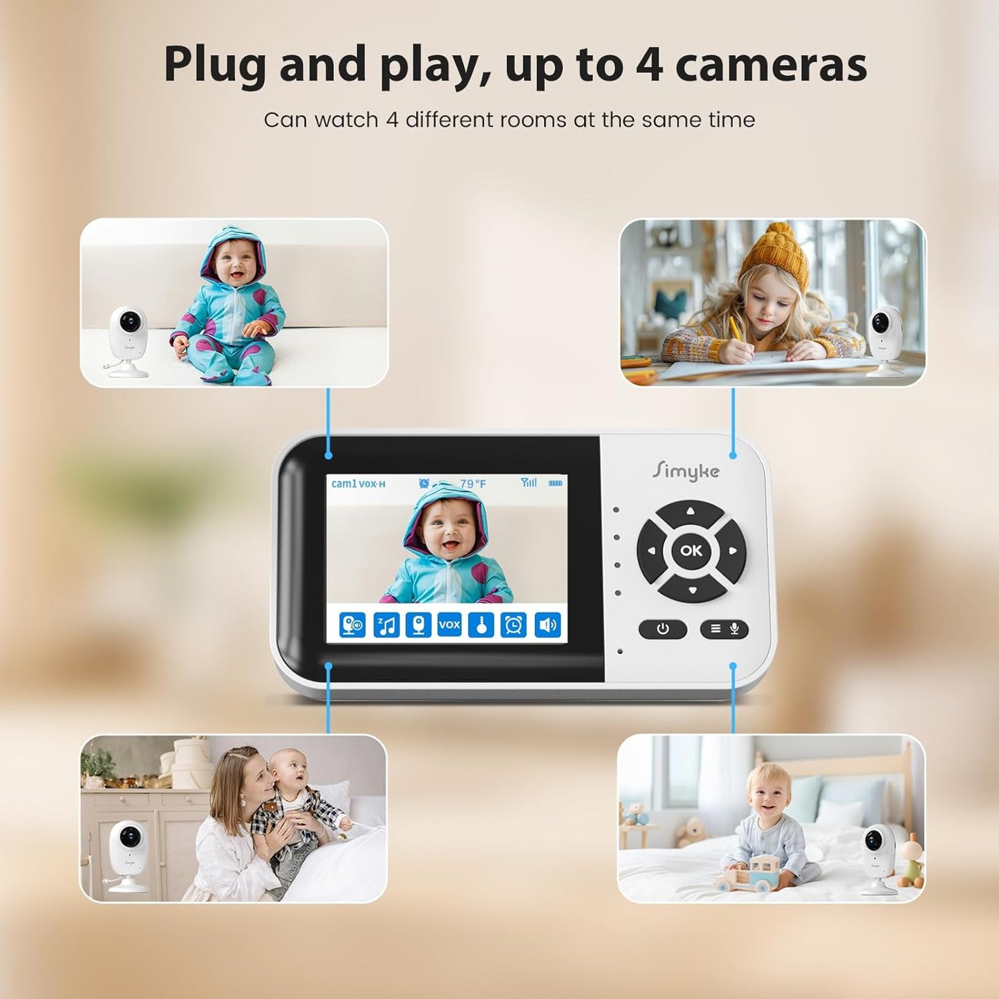 Smart Video Baby Monitor,2.8" Display & 1080p Camera,WiFi/No WiFi Modes,Cry Detection,2-Way Audio Talk,VOX/ECO,Feeding Timer,Temperature Sensor,Night Vision,8 Lullabies, Supports 4 Cameras