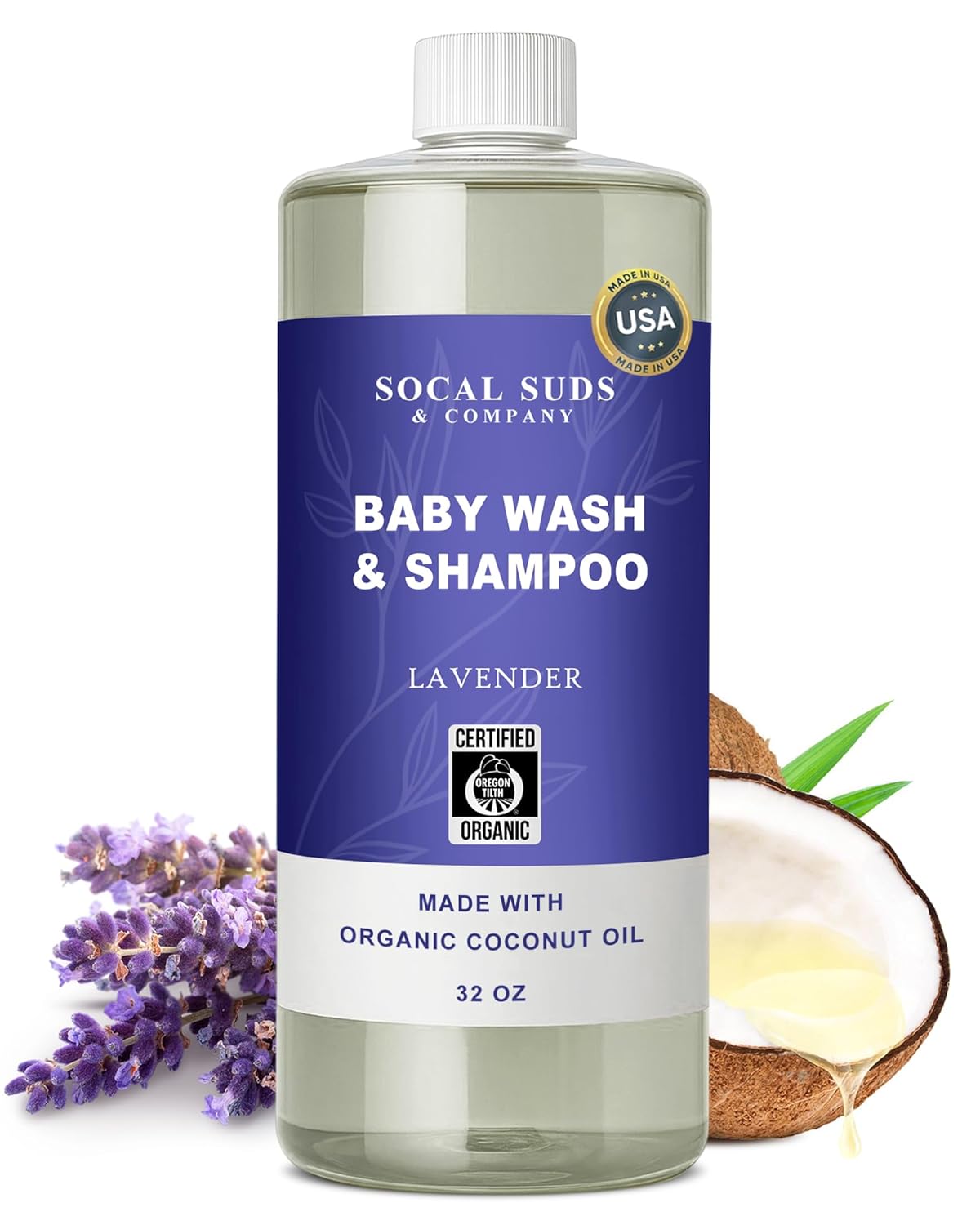 SoCal Suds & Company - 2-in-1 Organic Foaming Baby Shampoo & Body Wash Castile Soap Refill - Gentle Body Soap and Shampoo for Sensitive Skin - Nourishing Ingredients - Newborn Baby - Lavender, 32oz