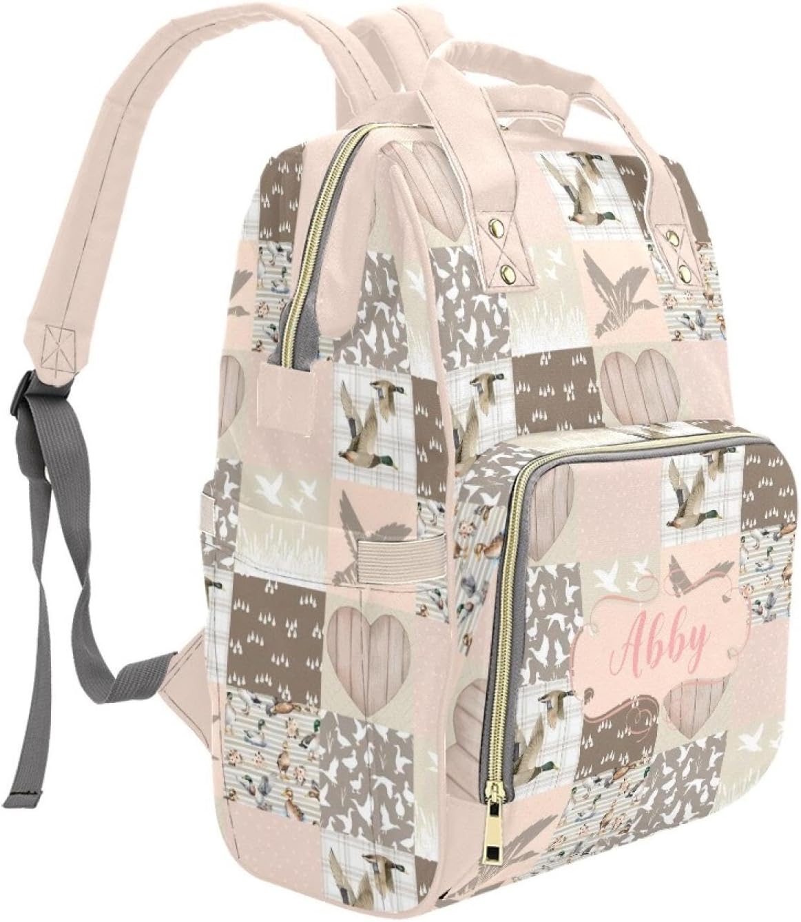 Custom Mallard Pink Baby Diaper Bag with Name – Personalized Nursing Travel Tote Backpack for Mom or Dad, Custom Name Baby Daypack Gift