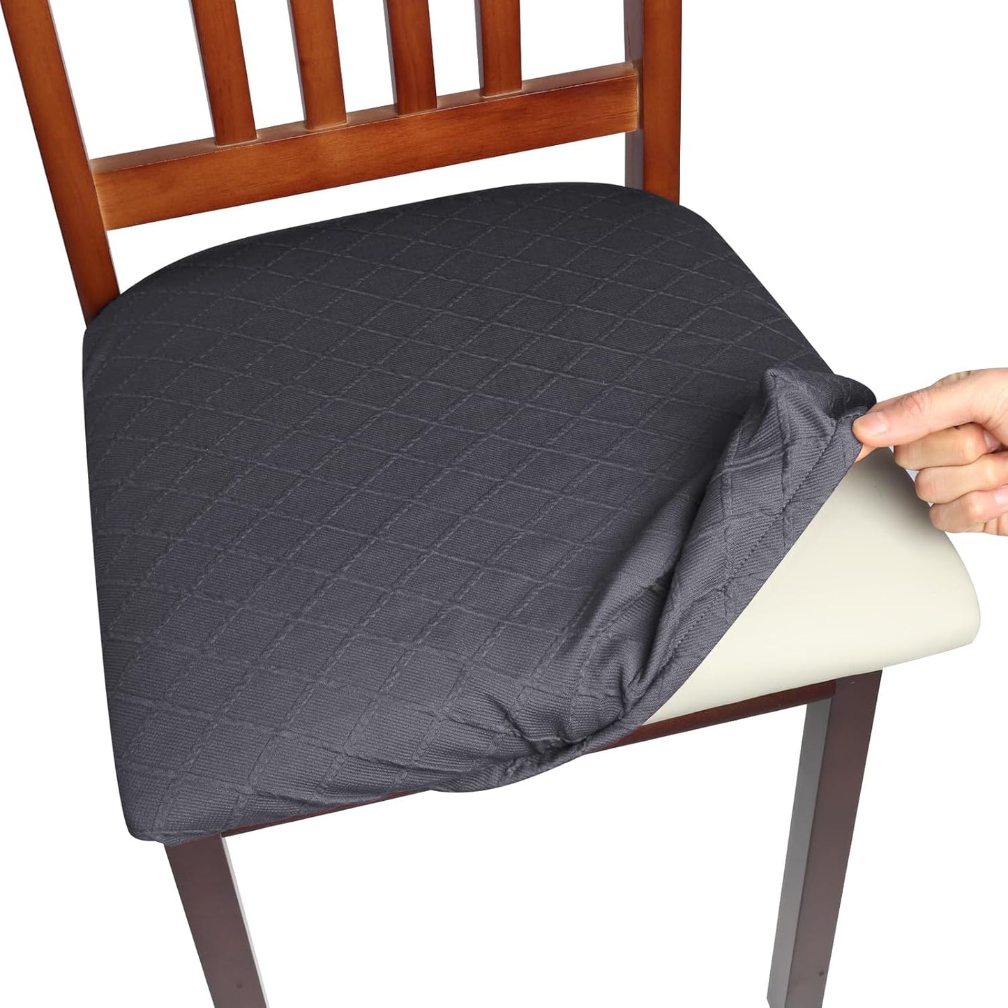 Yikko Chair Seat Covers, High-Density Check Jacquard Ekedalen Seat Covers for Dining Kitchen Restaurant Banquet, Stretch Removable Washable Chair Seat Cushion Protector (6, Dark Grey)