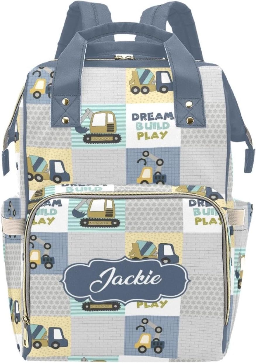 Custom Construction Baby Diaper Bag with Name – Personalized Nursing Travel Tote Backpack for Mom or Dad, Custom Name Baby Daypack Gift