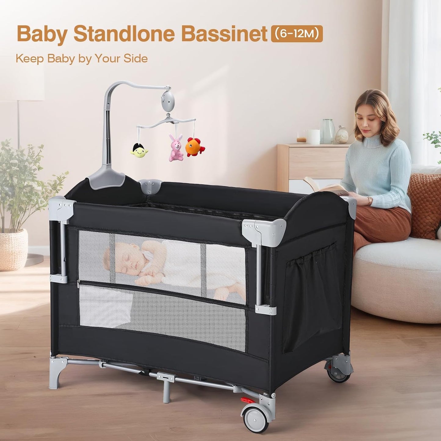 JOYMOR 4 in 1 Pack and Play, Baby Bedside Bassinet, Sturdy Play Yard with Padded Mat and Toy bar with Soft Toys