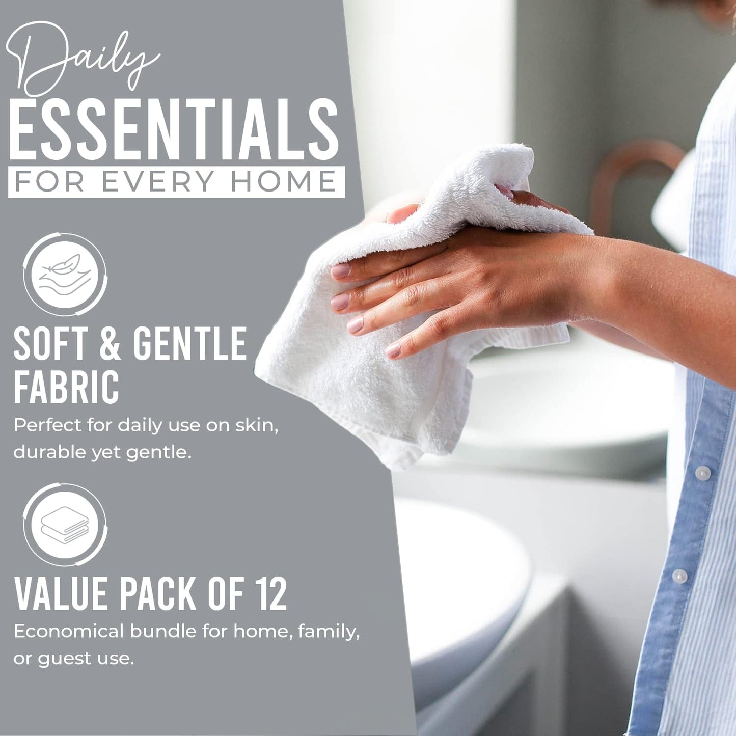 DAN RIVER 100% Cotton Wash Cloths 12 Pack [12x12] Soft & Absorbent wash Clothes, Gym, Hotels & Spa Perfect for Everyday Use Fingertip Towels, Silver