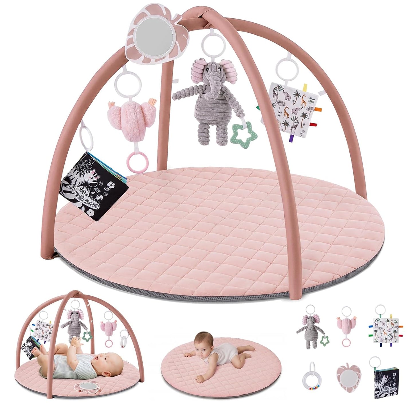 Blissful Diary Baby Play Gym Mat, Tummy Time Activity Mat with 6 Detachable Toys for Skill Development, Baby Essentials Gift, Soft Pink