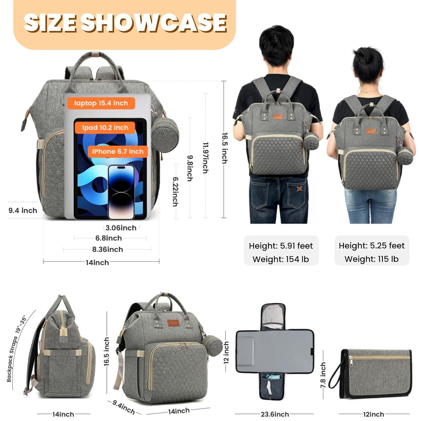 Baby Diaper Bag Backpack with Changing Pad, Pacifier Case, for Boy Girl Toddler - Large, Stylish, Waterproof Travel Quilted Diaper Bag for Mom - Baby Shower Gifts - Grey