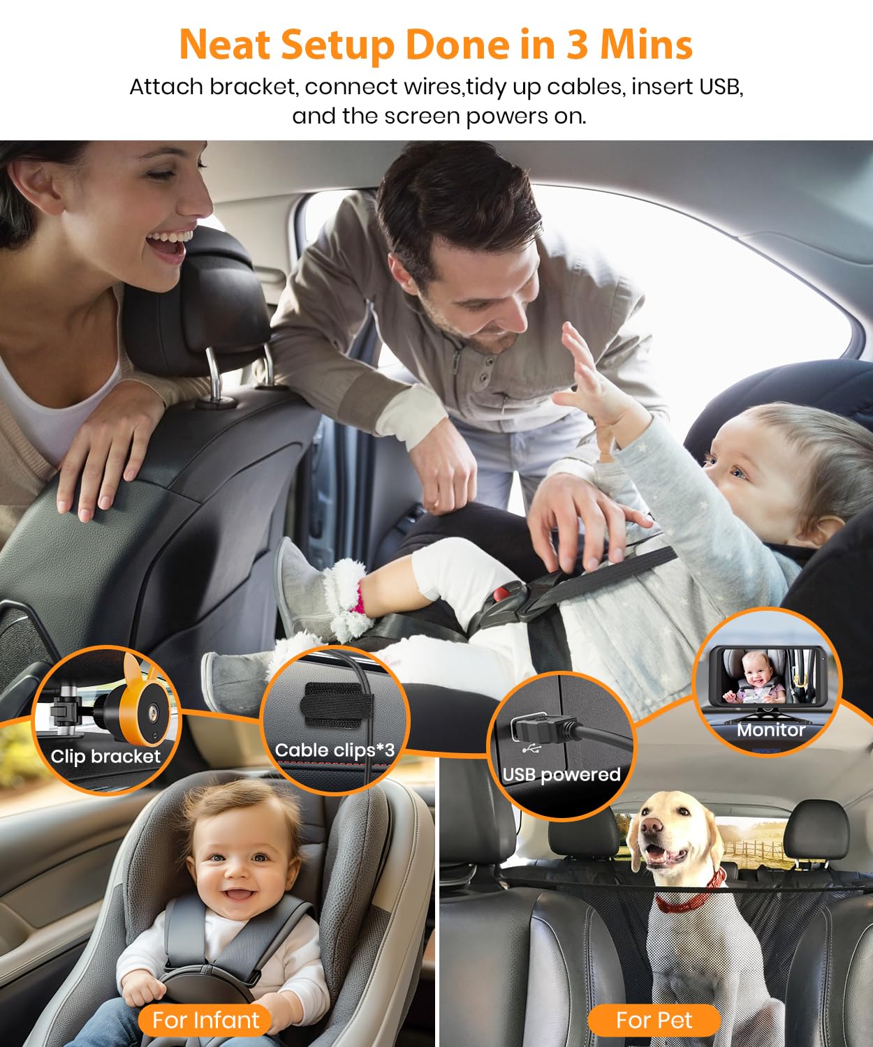 Babyvue BV2 USB Baby Car Camera Plug-Play, 4.5" 1080P Easy Setup Backseat Camera with Flexible 360 Rotation, Clear Picture Rear Facing Car Seat – Peace of Mind for Pet Owners and Parents