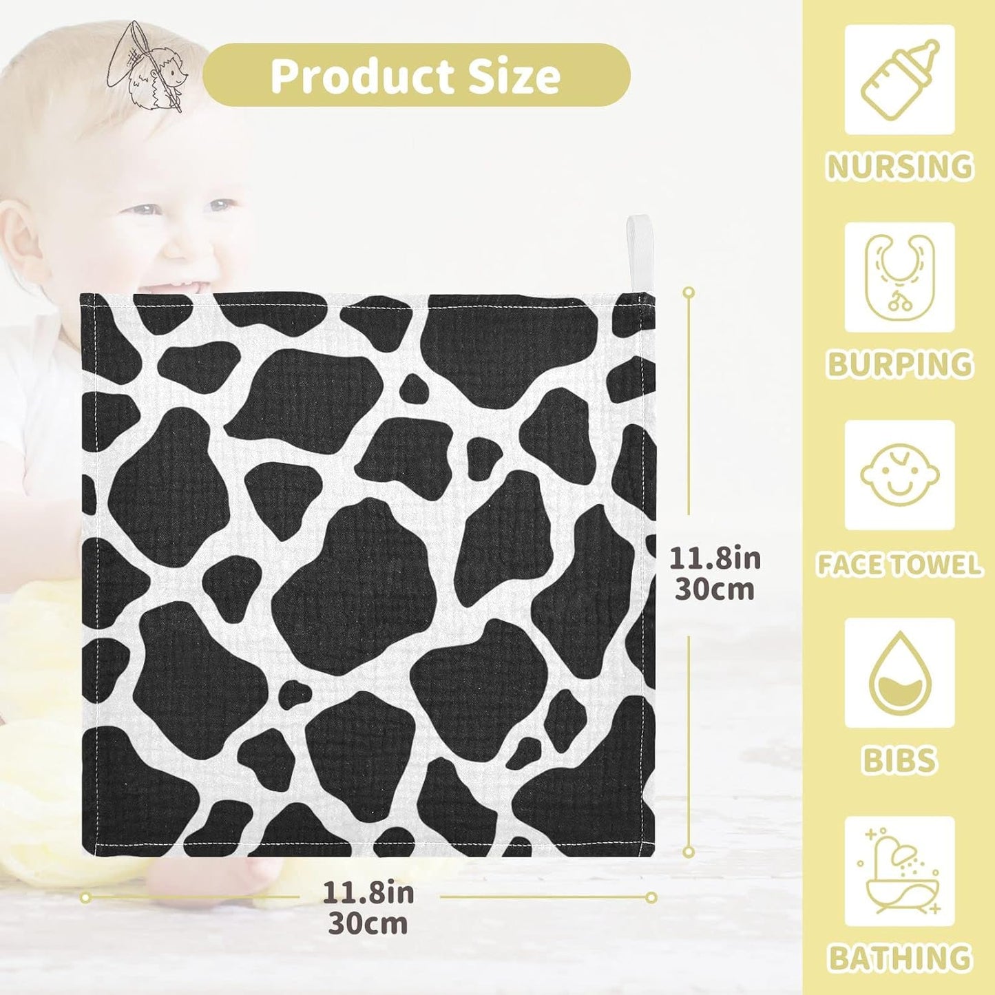 Black White Cow Print Baby Muslin Washcloths Cow Skin Burp Cloths Soft Absorbent Baby Wash Cloth Fingertip Face Towels for Newborn Boys Girls 12 x 12 in, 3 Pack