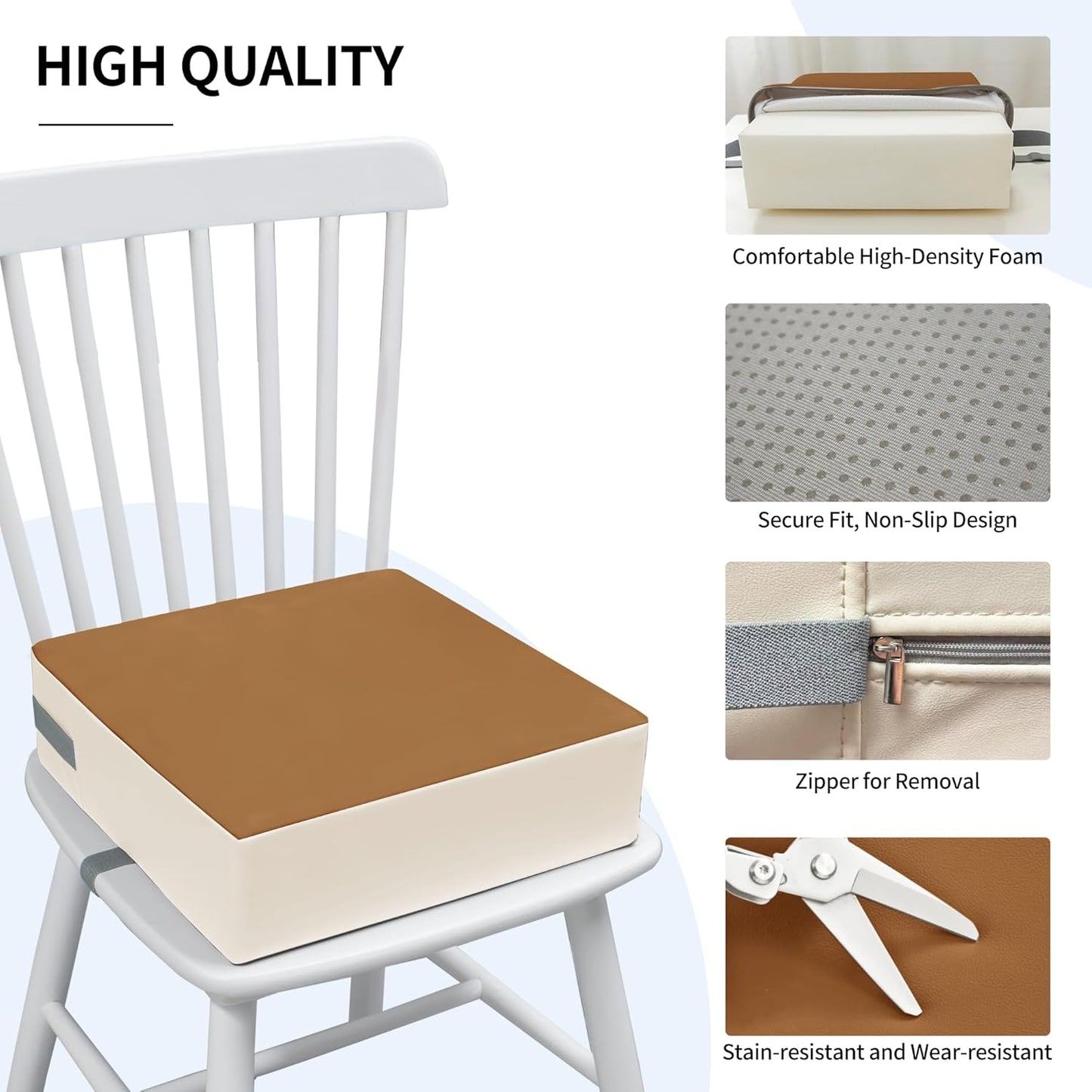 Toddler Dining Table Booster seat, PU Washable Waterproof Double seat Belt Non-Slip Bottom Booster seat for Dining Toddler, Portable Travel Increase Cushion Brown+White