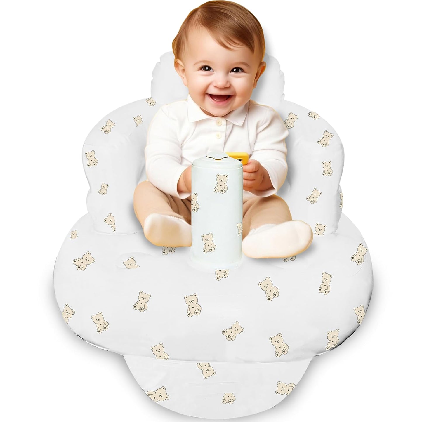 Inflatable Baby Seat for Babies 3-36 Months Blow Up Chair for Babies Infants Toddler Floor Sitting Up with Built in Air Pump (White, Bear.)