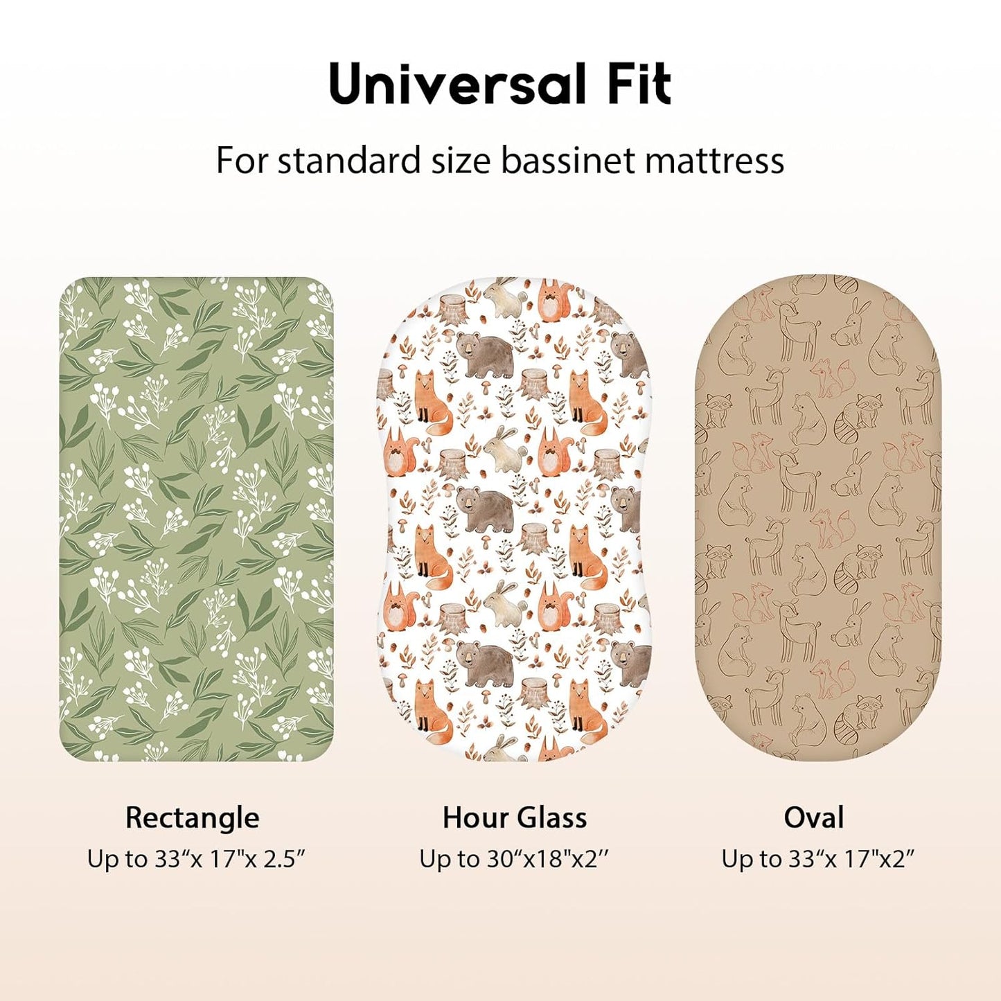 Baby Bassinet Sheets Girl Boy, Fitted Bassinet Sheet Set 3 Pack Bassinet Mattress Sheets Universal Fit for Rectangle, Round, Oval, Hourglass Mattress, Soft Breathable Green & Brown Fox
