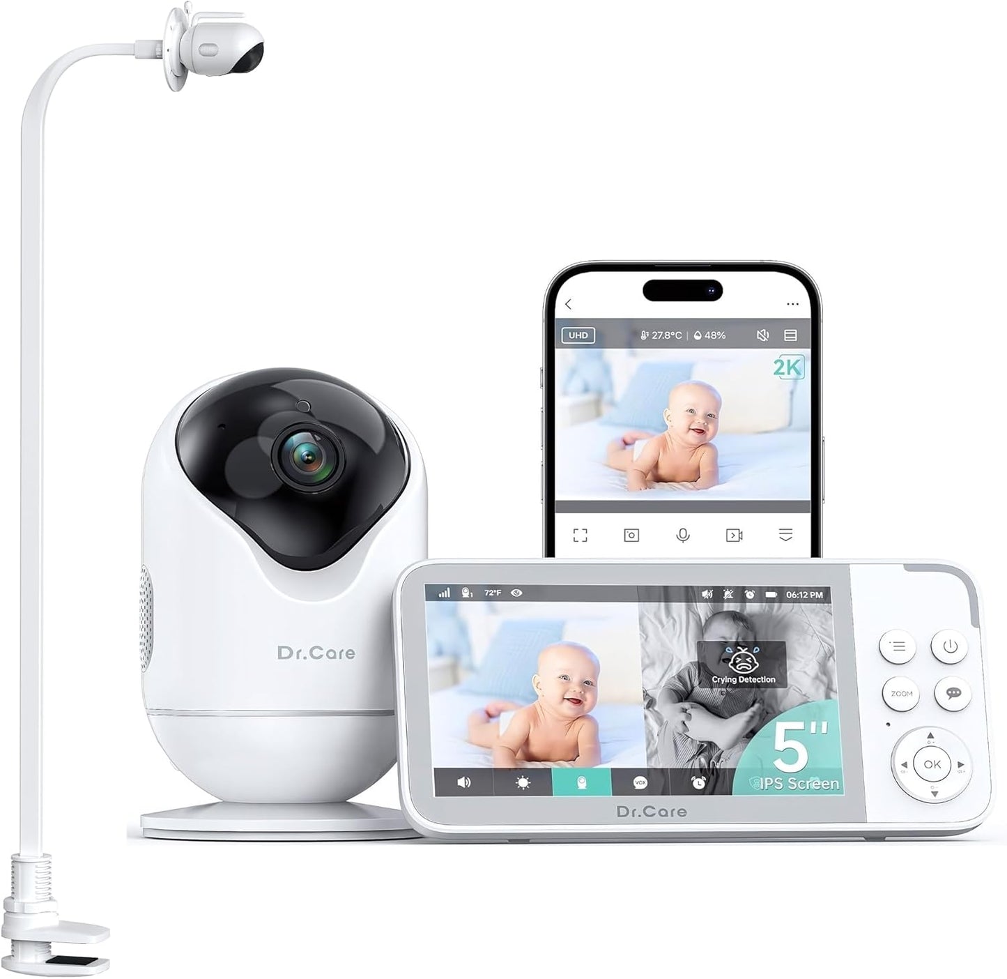 Dr.Care VistaView 5” Smart WiFi Baby Monitor with Clip Mount - 2K HD Camera, App Control, Cry & Motion Alerts, Night Vision, 5000mAh Battery, 2-Way Talk, Multi-User, Triple Security