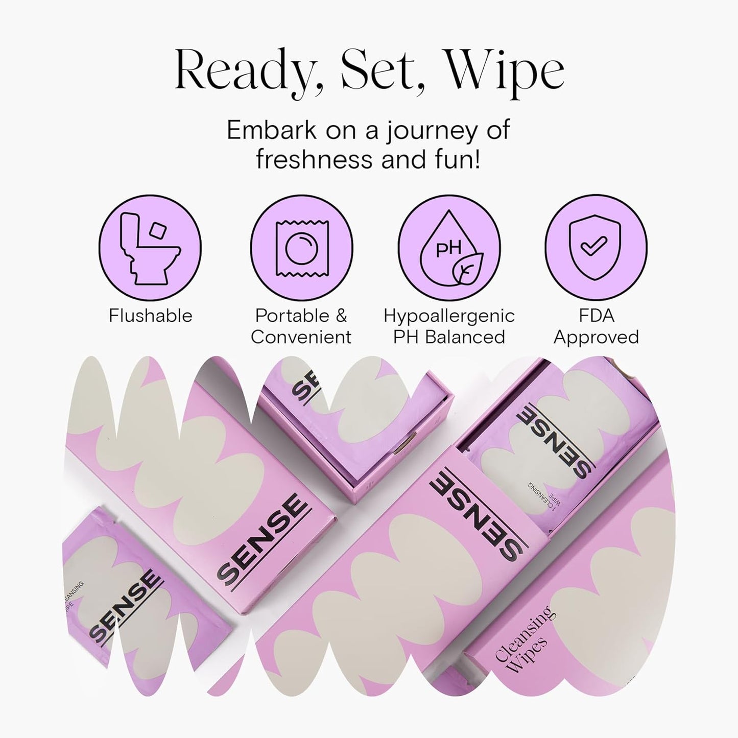 Sense Cleansing Wipes (24 Pack) Individually Wrapped pH Balance Wipes for Women - Made in the USA, Flushable Wipe, On-The-Go Before and After Freshness Intimate Wipe