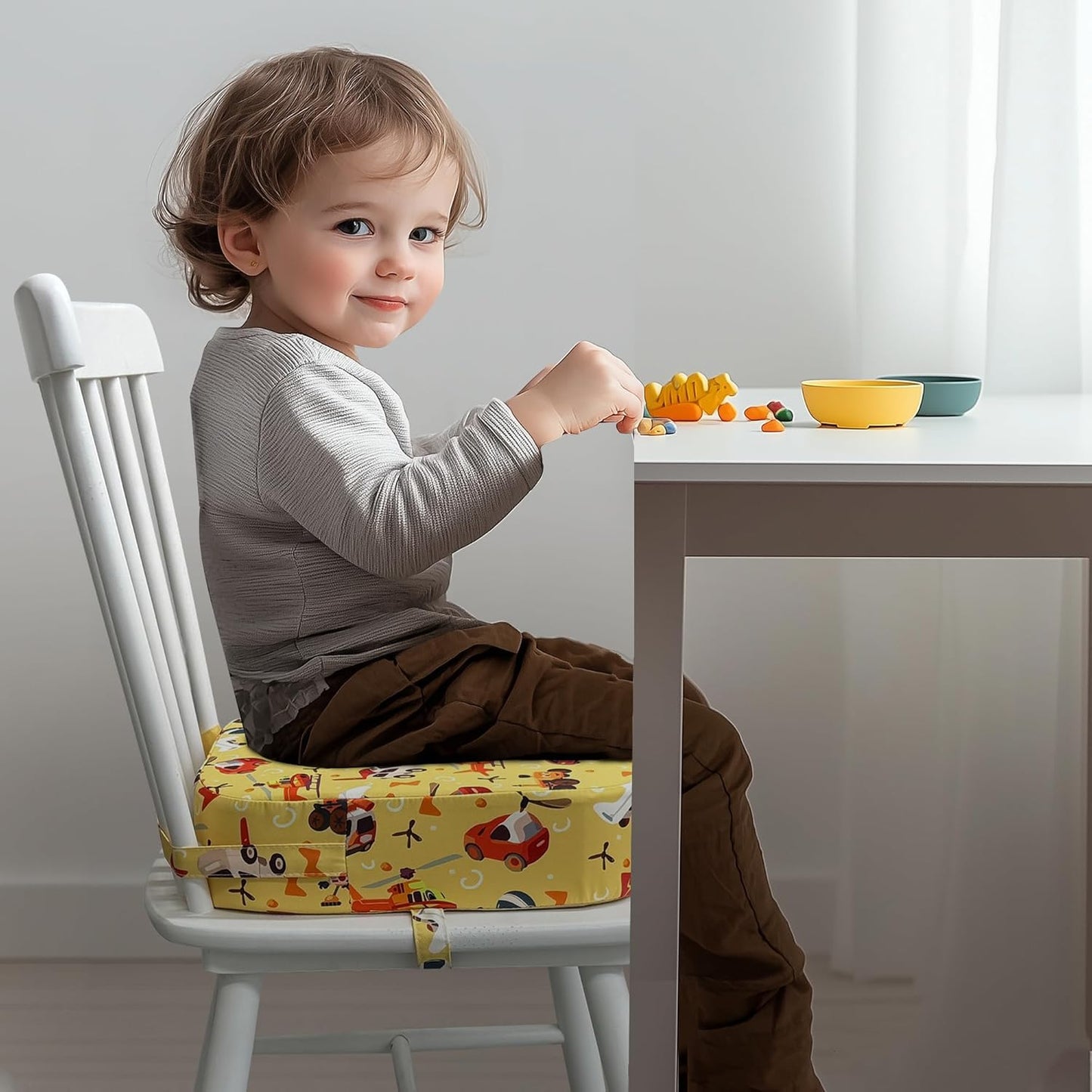 Toddler Booster Seat for Kitchen Chair, 3.5" Oxford Foam Cushion, Non-Slip Base, Adjustable Straps, Portable Dining Booster for Self-Feeding Toddlers at Home or on The Go (Car)