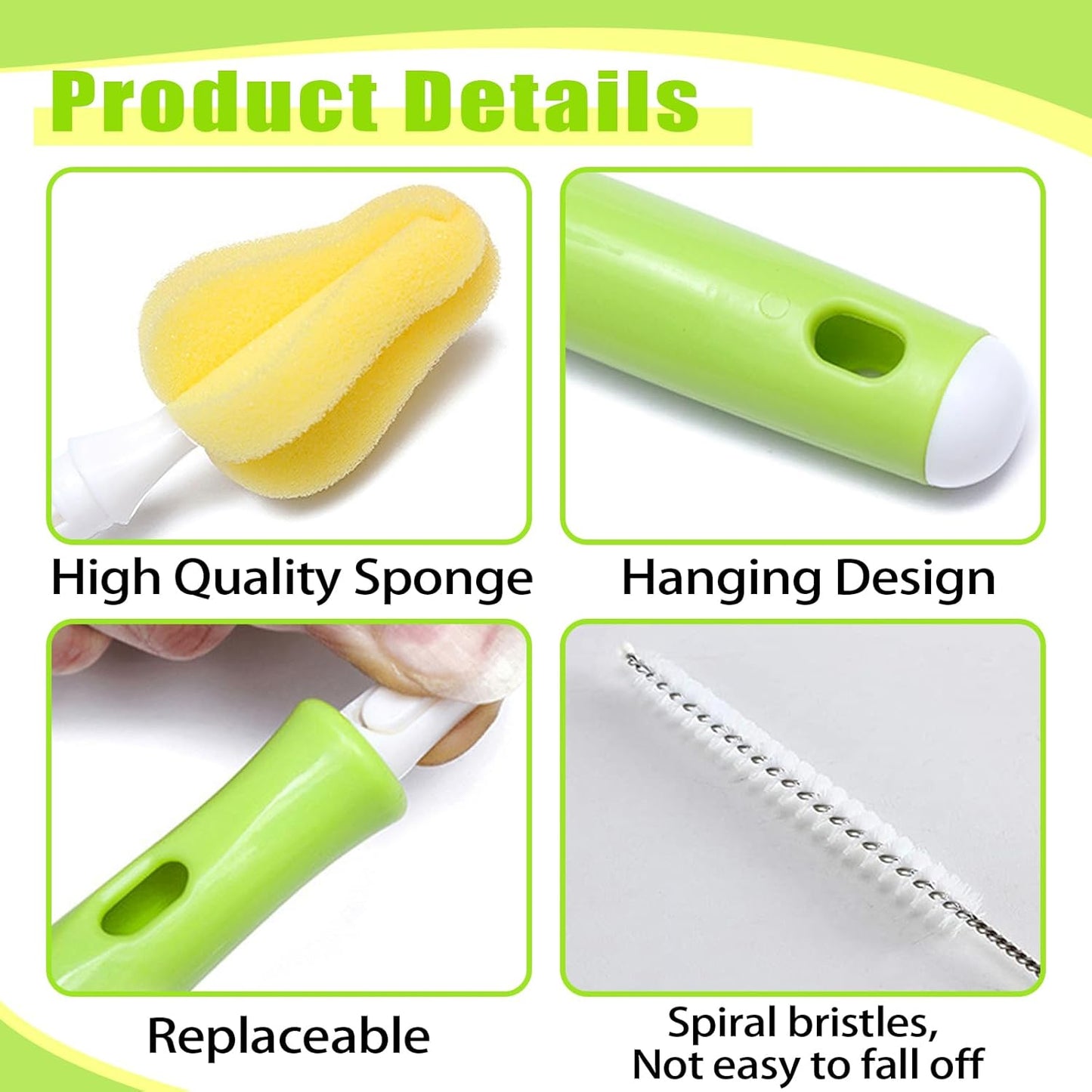 INVODA 12PCS Sponge Nipple Bottle Brushes, Baby Bottle & Nipple Cleaner with 4 Replacement Heads & 4 Straw Brushes (Yellow)