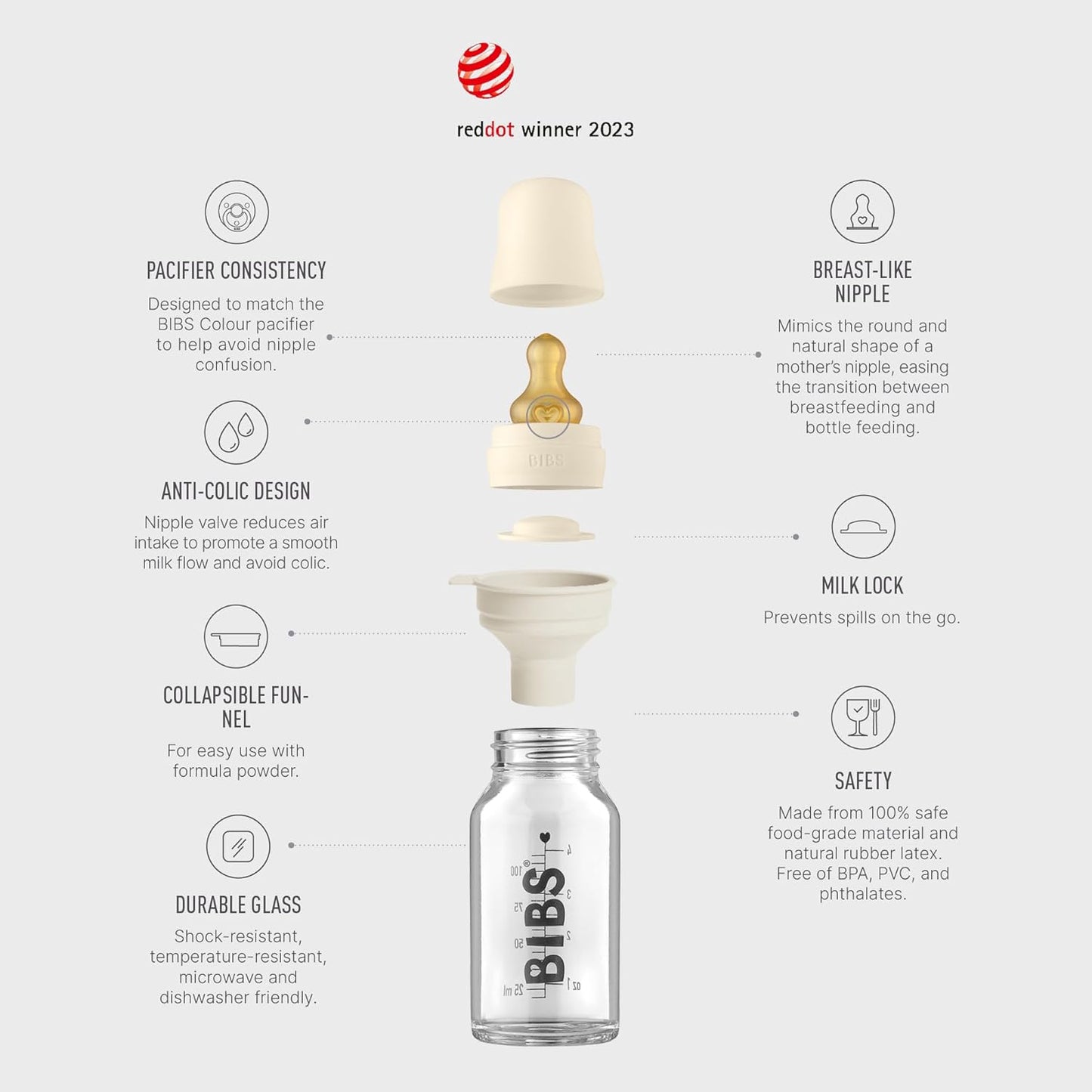 BIBS Baby Glass Bottle Complete Set 110 ml | BPA Free Natural Rubber | Made in Denmark | Blush
