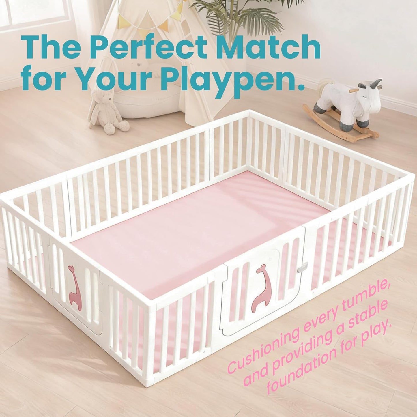 Baby Play Mat for Floor,1.3" Thick Elasti-Foam 50"×74" Playpen Mat for Tummy Time,Water Repellent Soft Coral Velvet for Toddler,Infant,Kids,Non-Slip Backing Safe for Crawling(Pink)