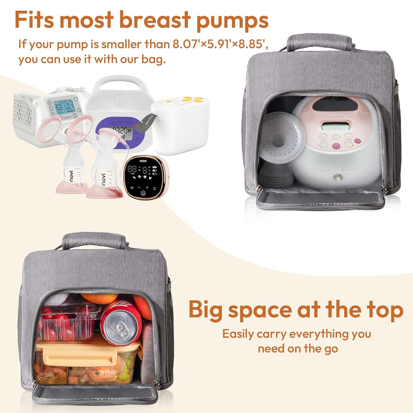 NCVI Breast Pump Bag, Double Layer Removable Pump Bag for Spectra S1, S2, Medela, Breast Pump Backpack with Ice Pack, Insulated Breast Milk Cooler Bag for Working Nursing Moms, Grey