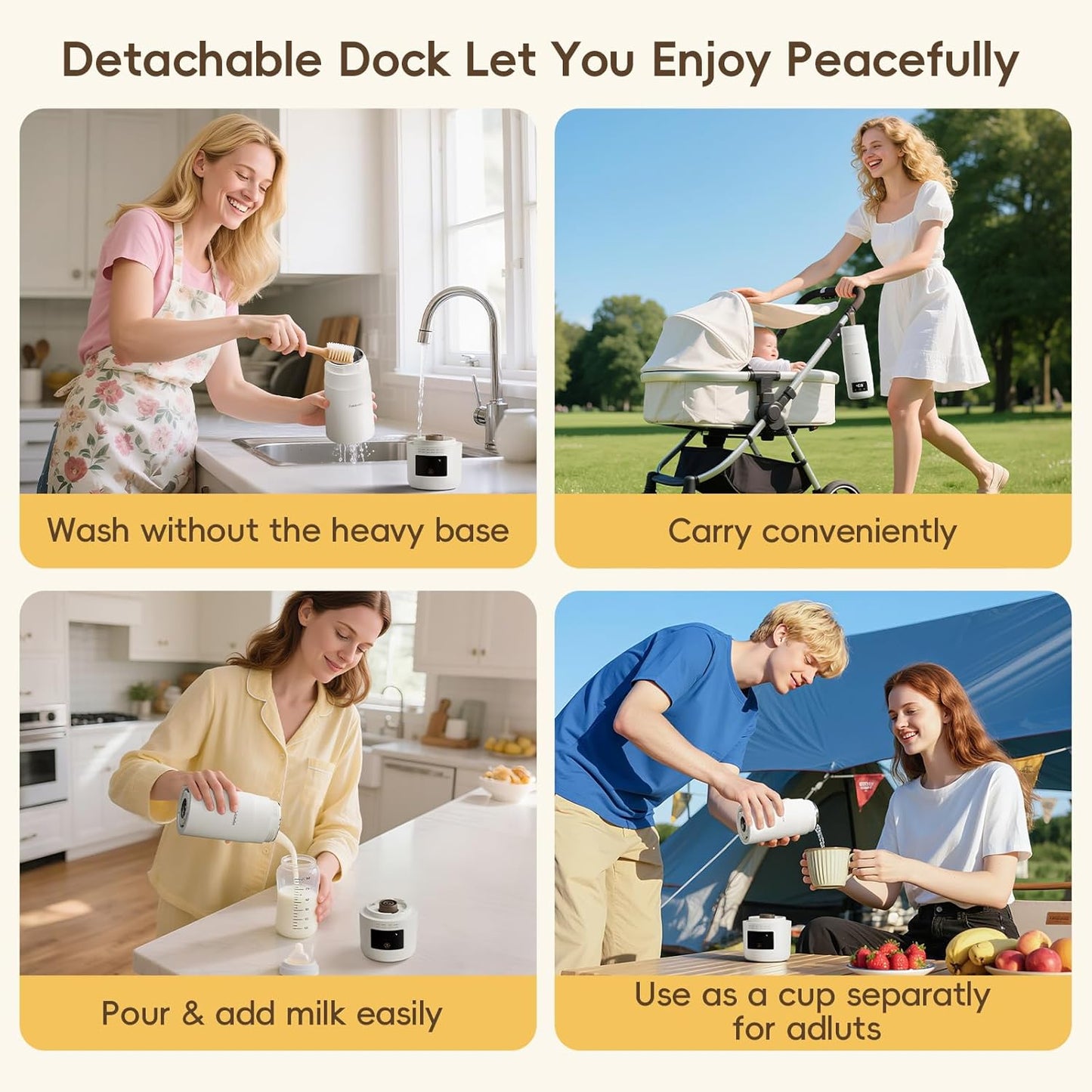 Portable Milk Warmer for Travel, Detachable Bottle Warmer for Breastmilk Formula Water, Boiling Function & Fast Heating, Rechargeable, Healthy for Baby on Journey, Car, Airplane